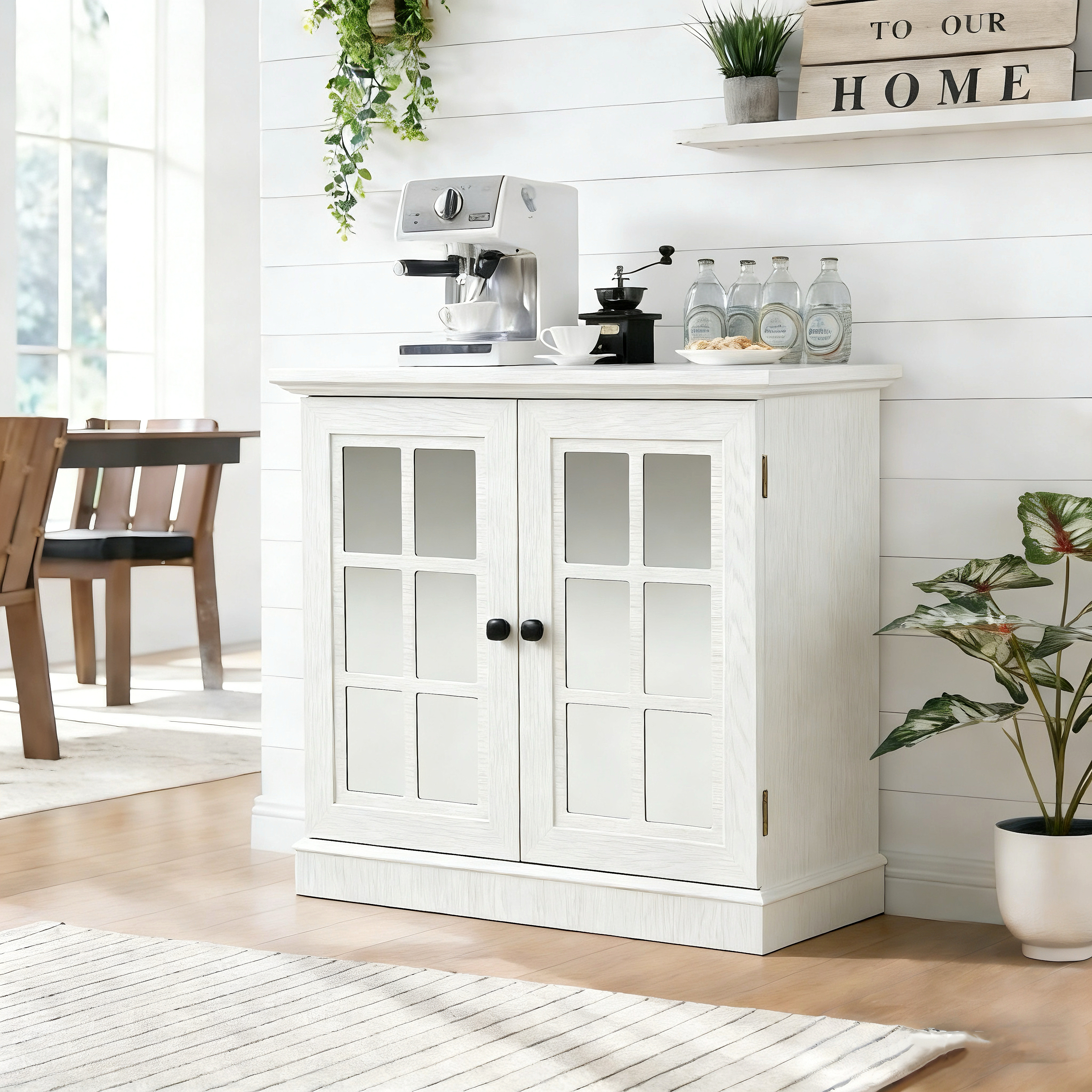 Buffet rangement 2 portes miroir acrylique, tablette ajustable, blanc