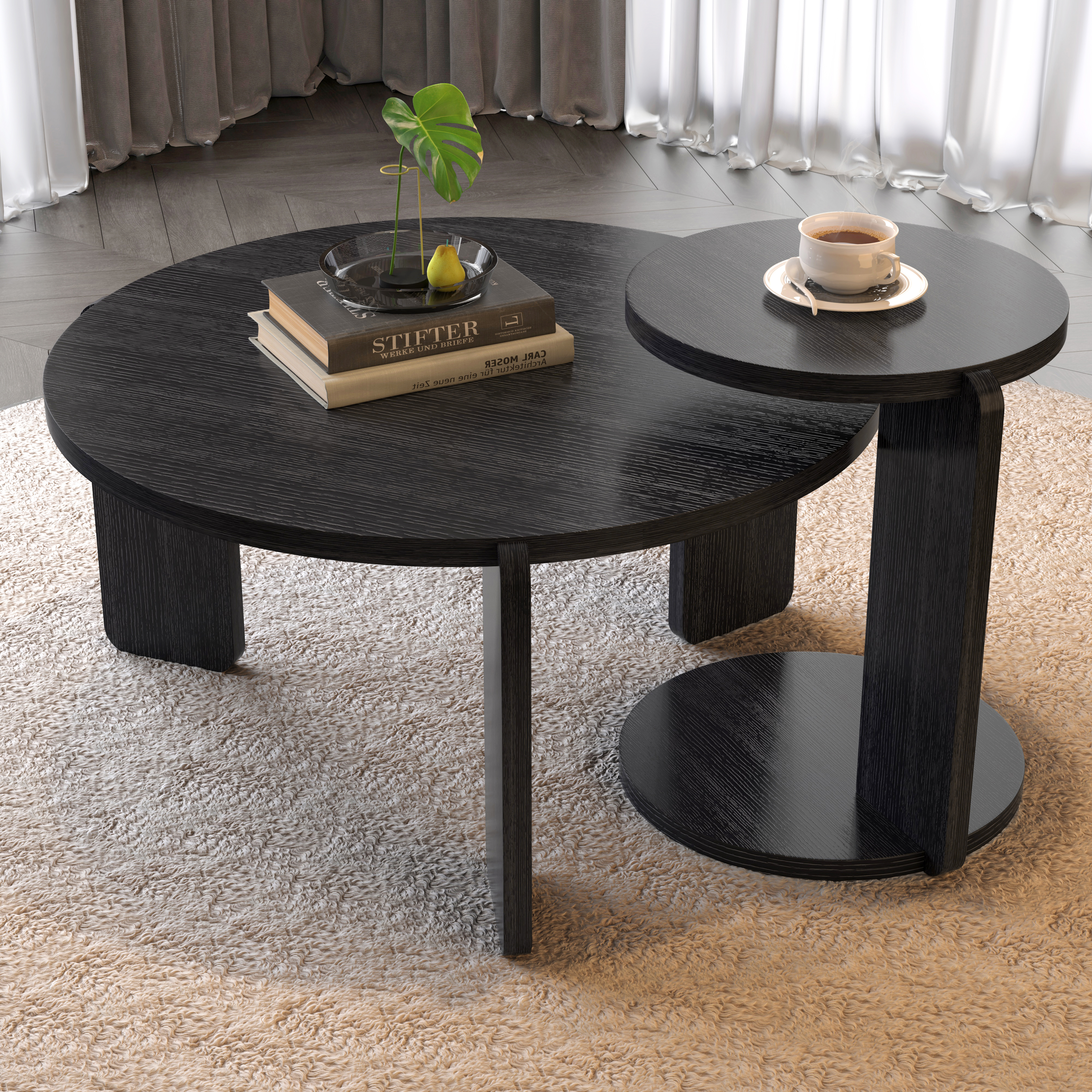 Ensemble 2 tables basses rondes 83cm chêne noir