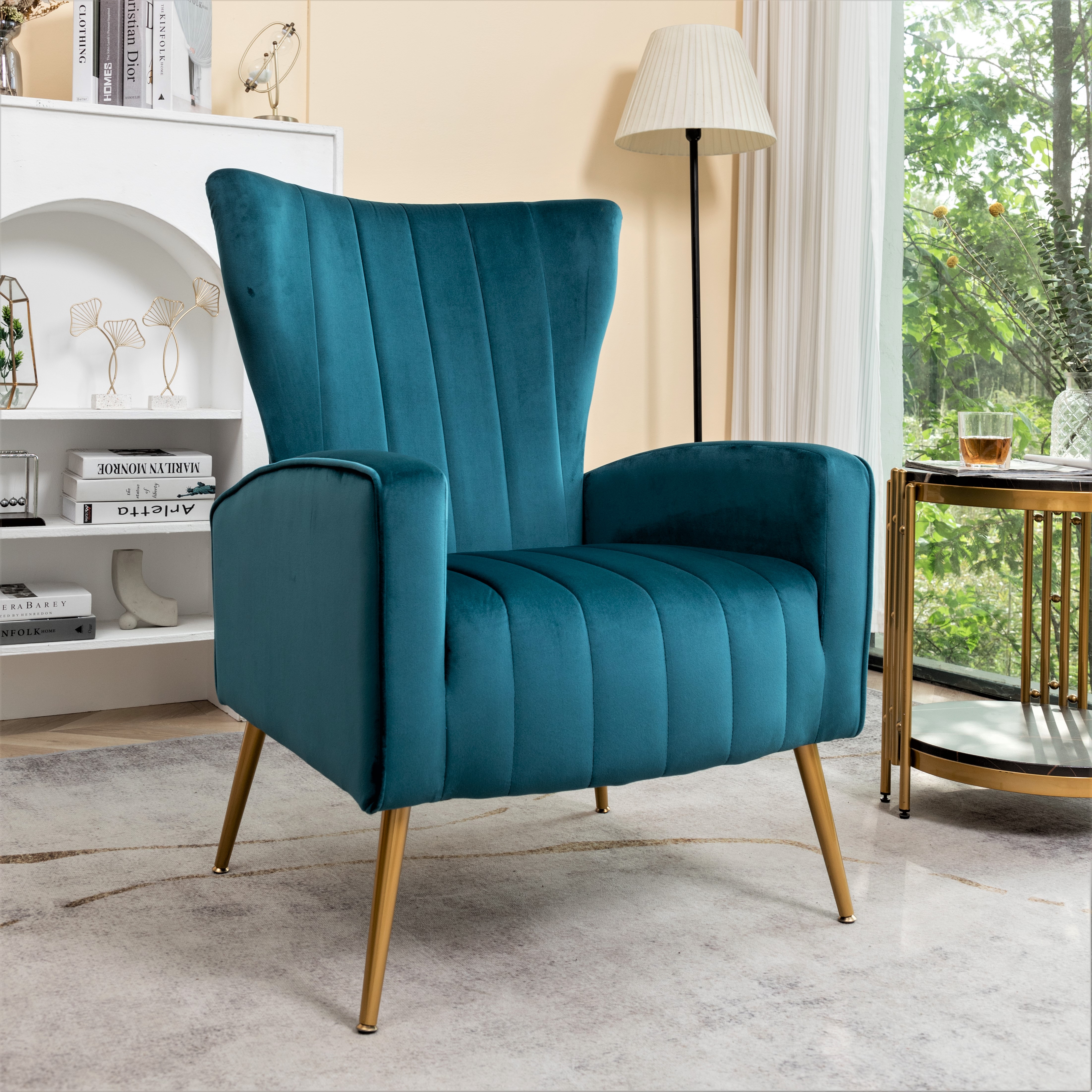 Fauteuil velours avec pieds métal, dossier ailé