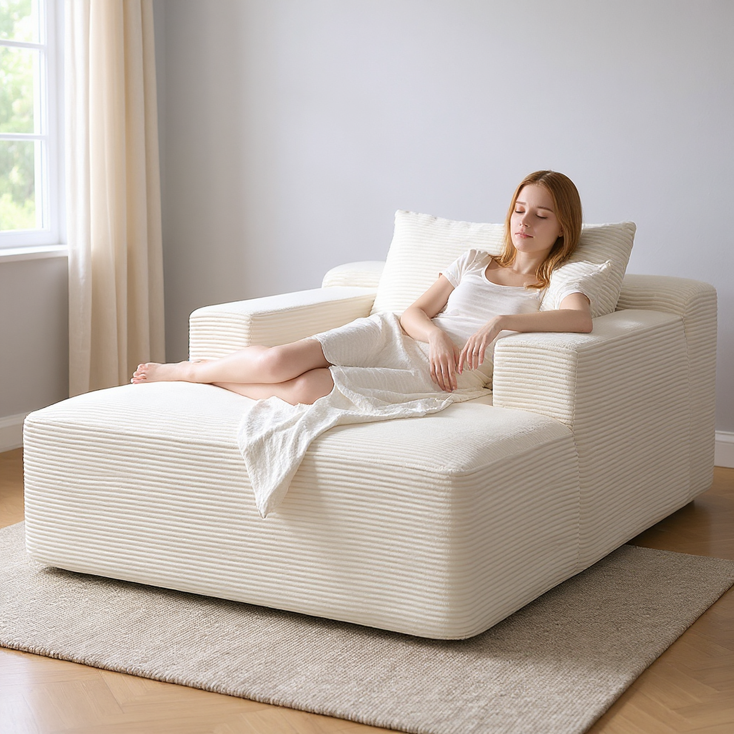 Chaise longue convertible corduroy beige, sans assemblage requis