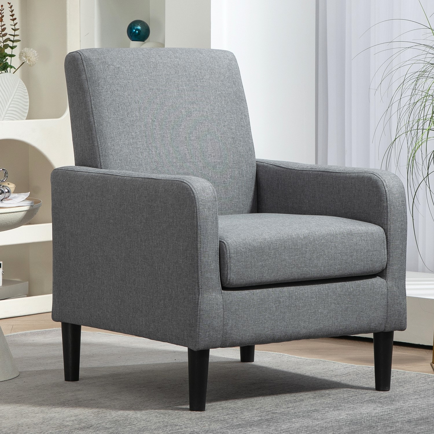 Fauteuil accent lin faux, cadre bois massif, noir