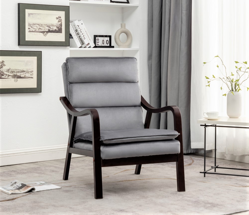 Chaise d'appoint grise mi-siècle, bras bois, tissu rembourré