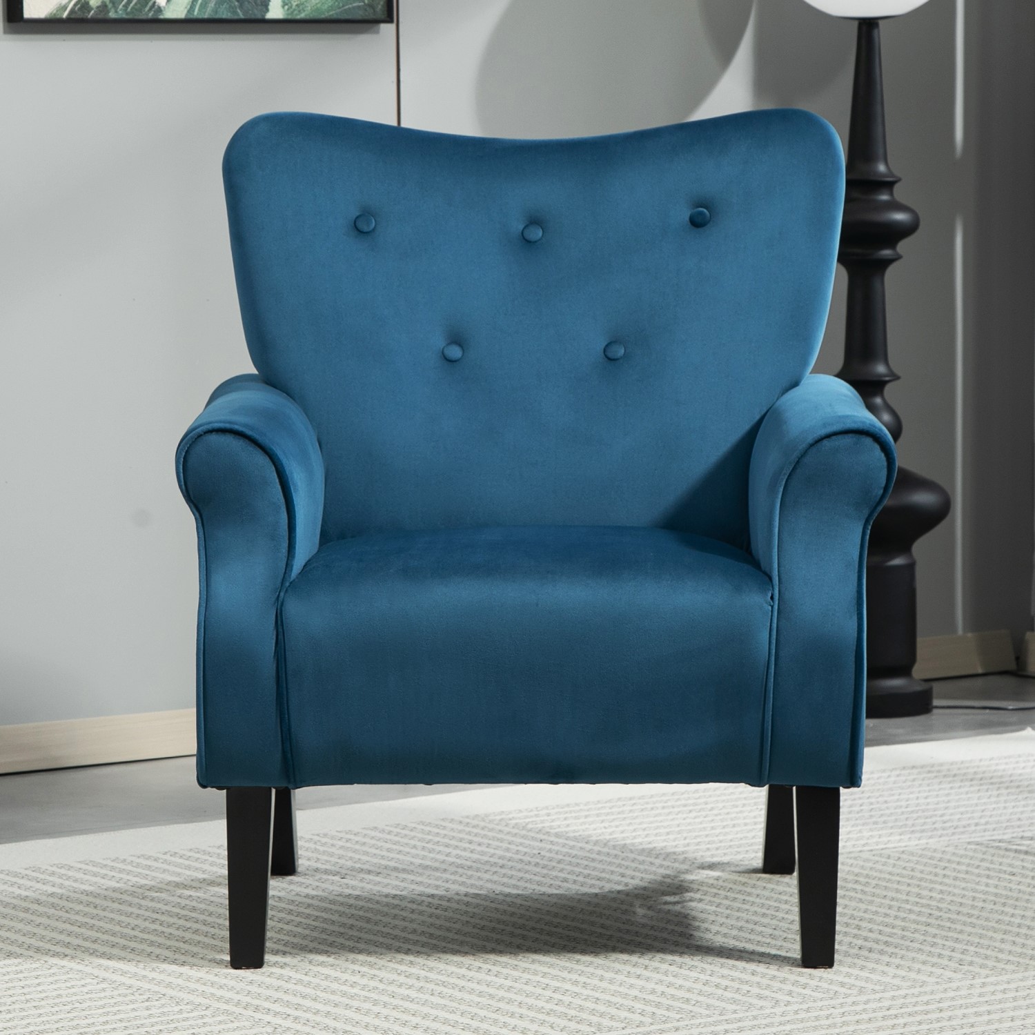 Fauteuil accentuation style rétro ailes tissu, pieds bois massif