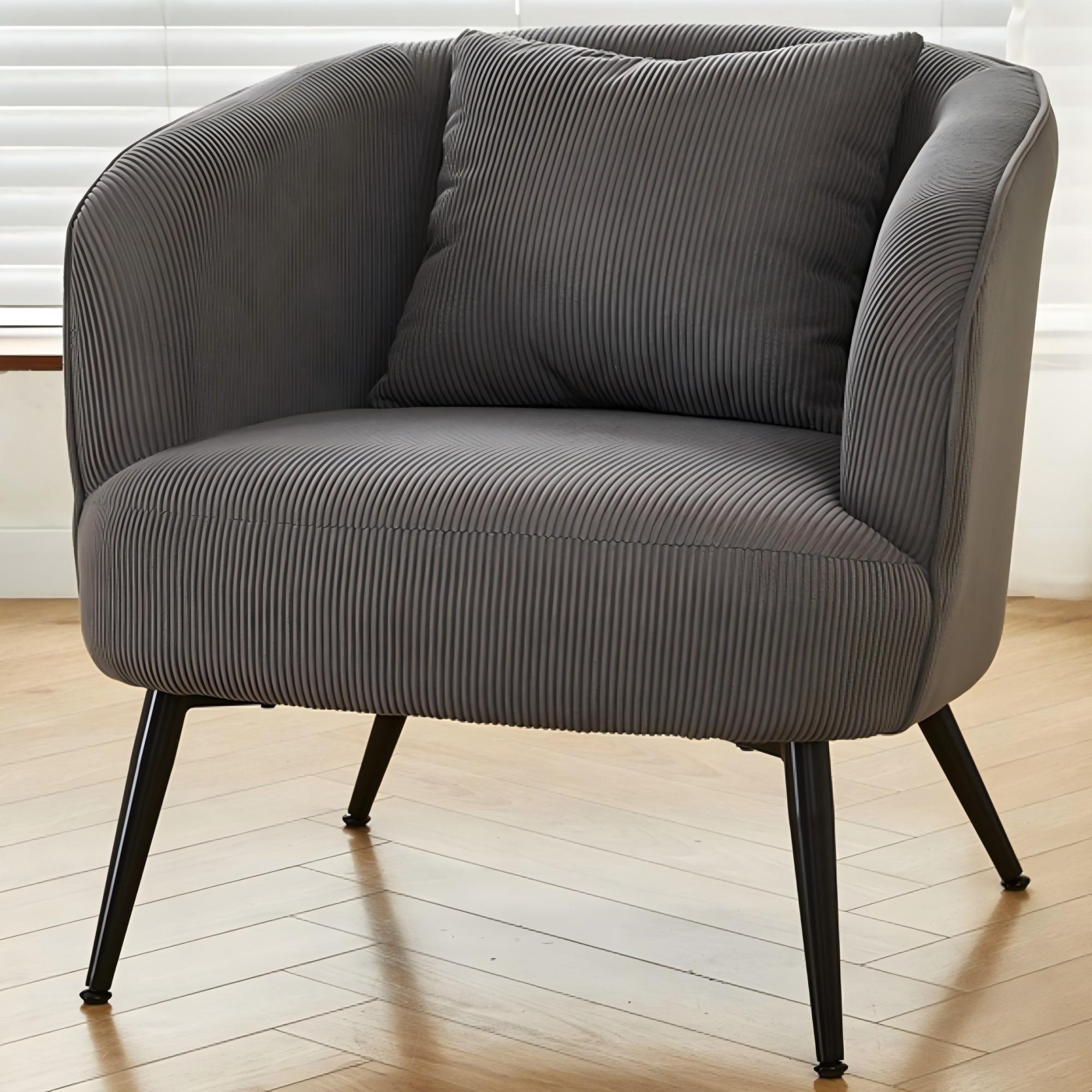Fauteuil accent velours, dossier haut, pieds métal, confortable