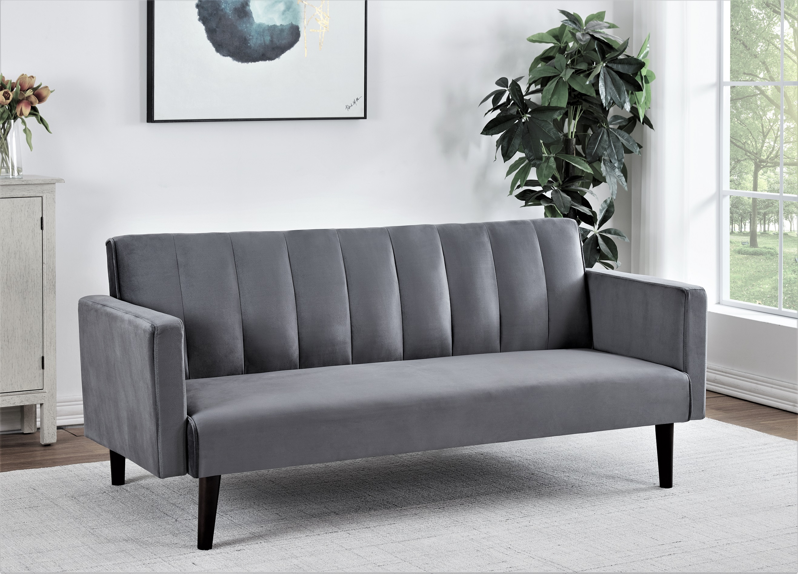 Futon Velours 72po Convertible Gris Coussin Piqué