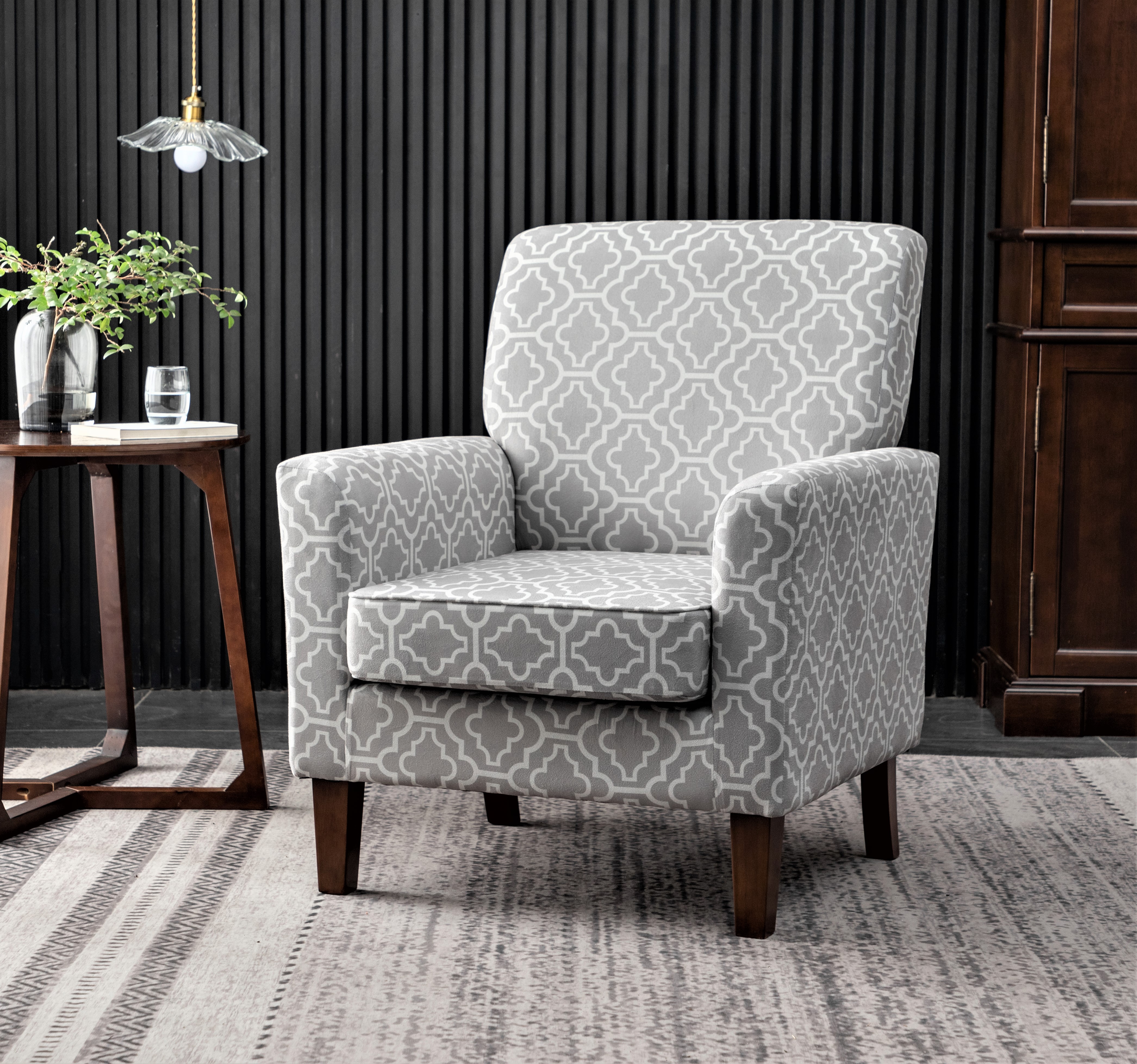 Fauteuil accent motifs bois bouleau jambes brunes