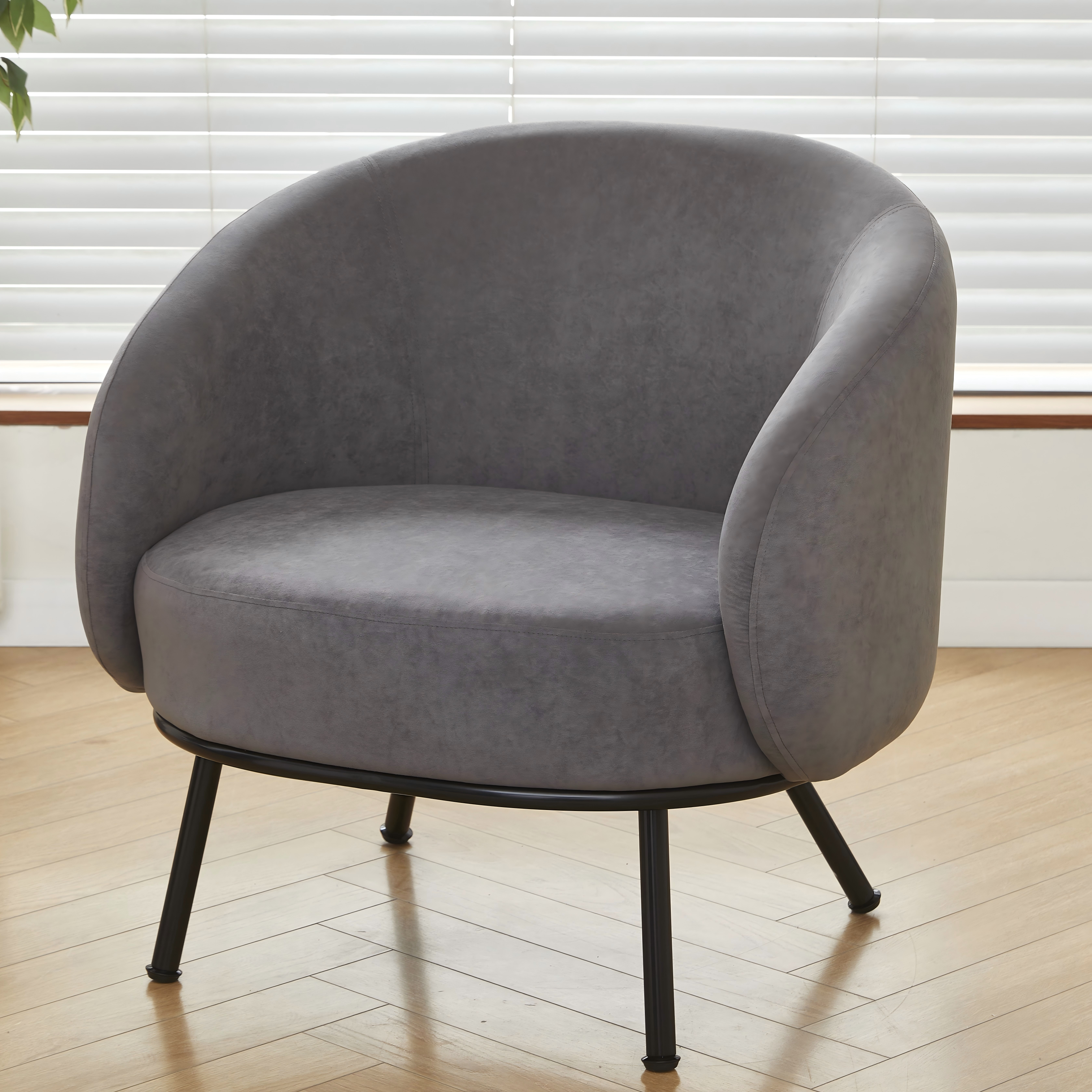 Fauteuil velours moderne tonneau, pieds métal, salon/chambre