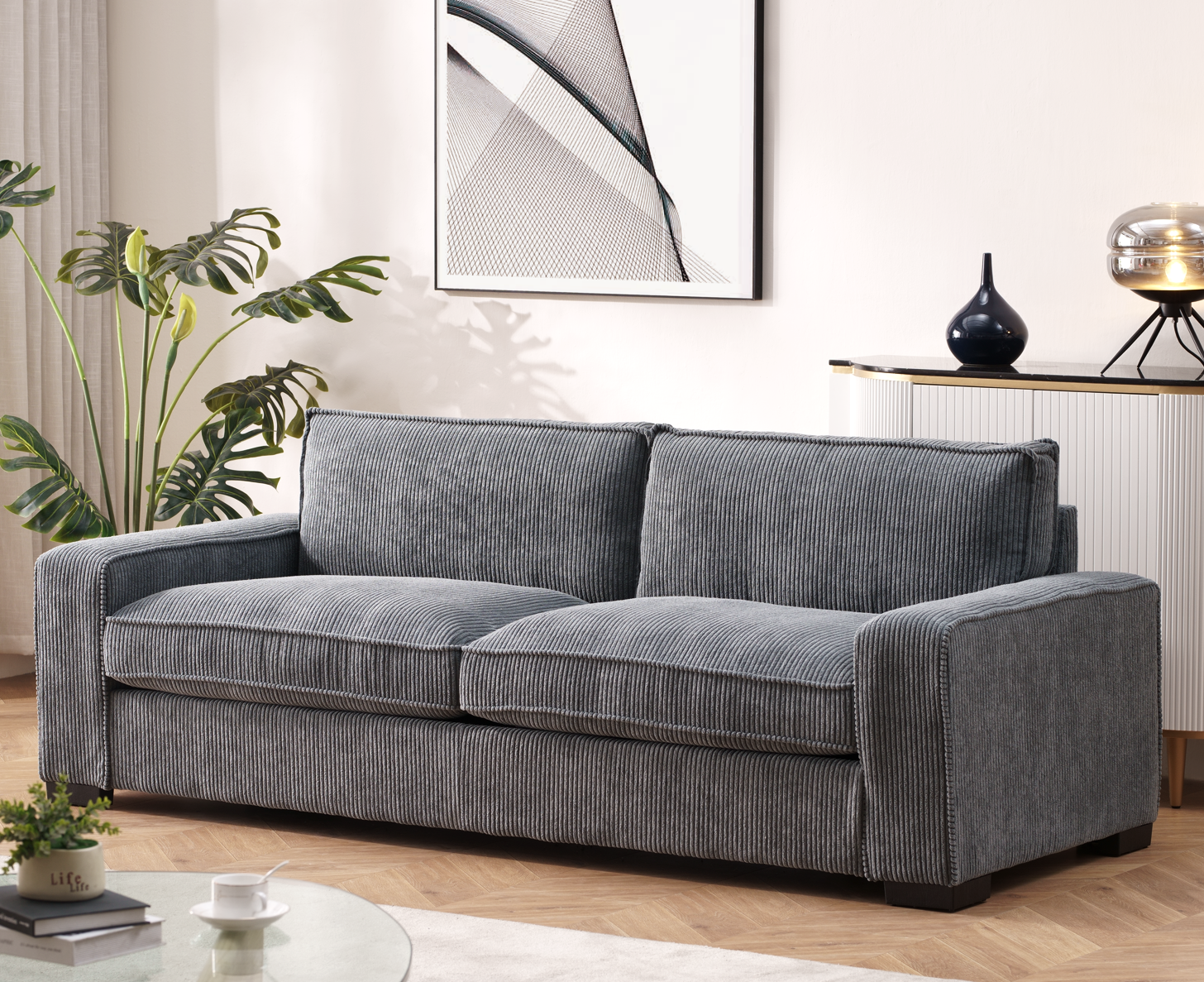 Canapé luxe velours côtelé 3 places design épuré gris grand