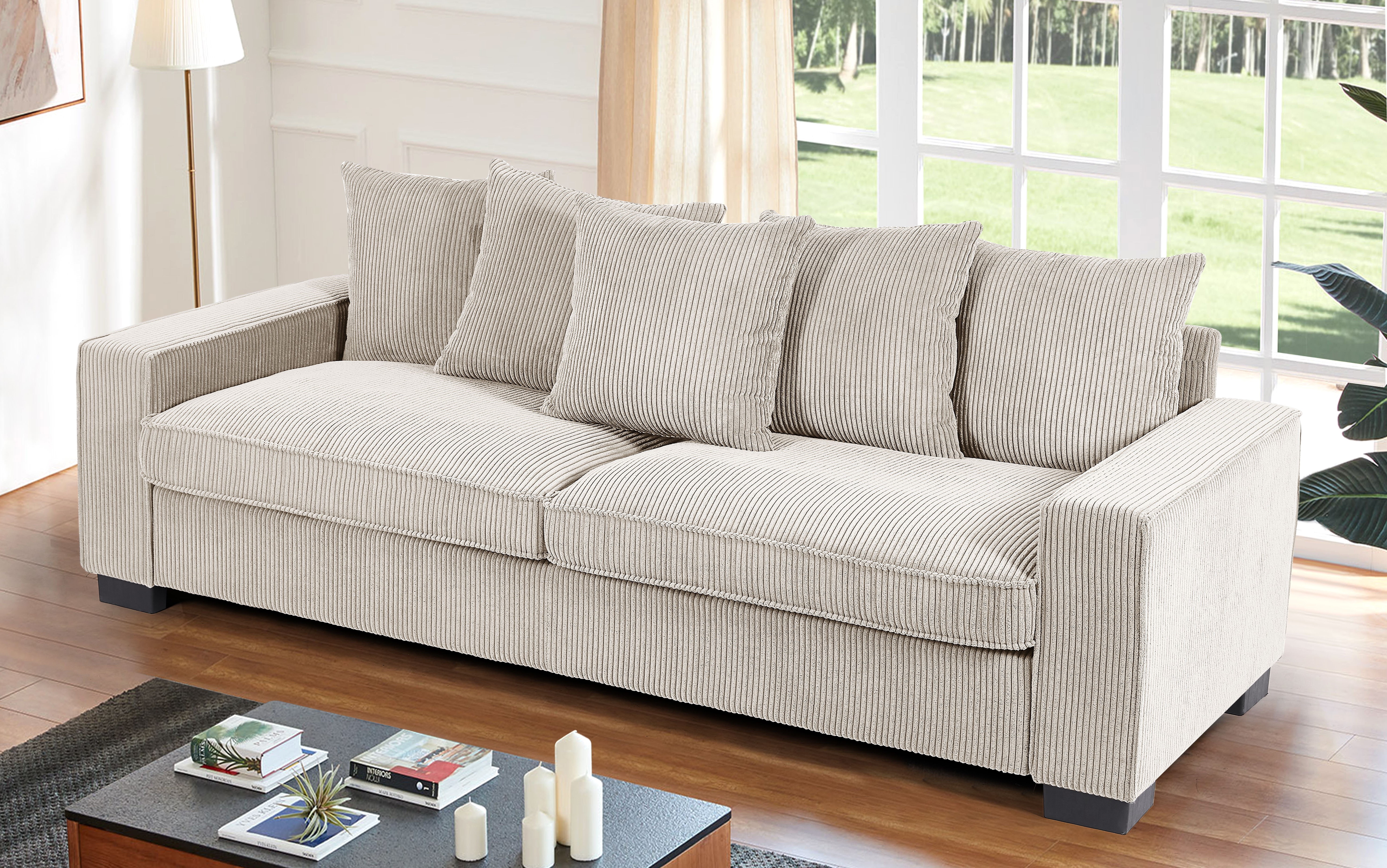 Causeuse velours Luxe 3 places 5 coussins design épuré ivoire