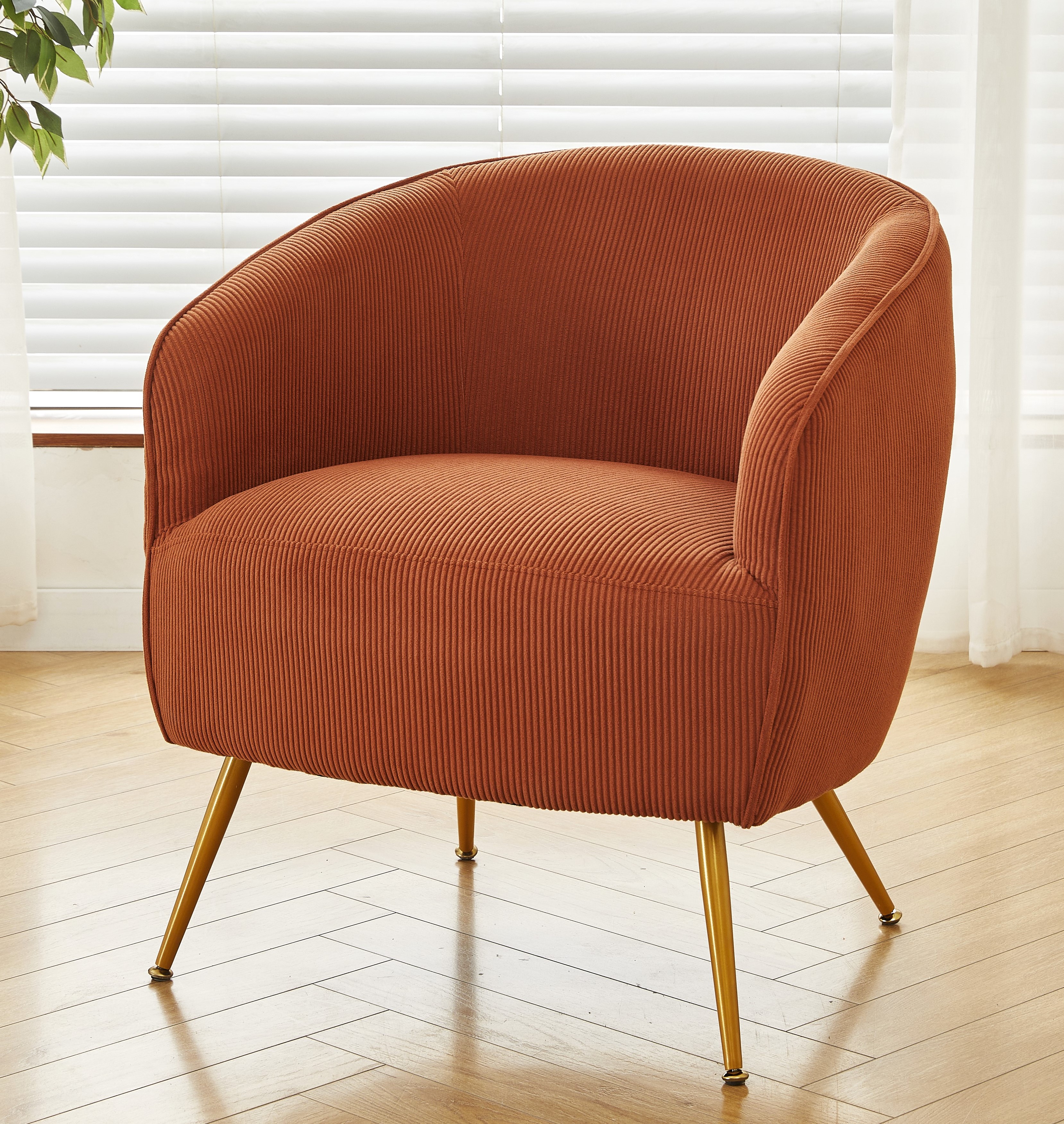 Chaise accent velours côtelé, pieds métal or, moderne