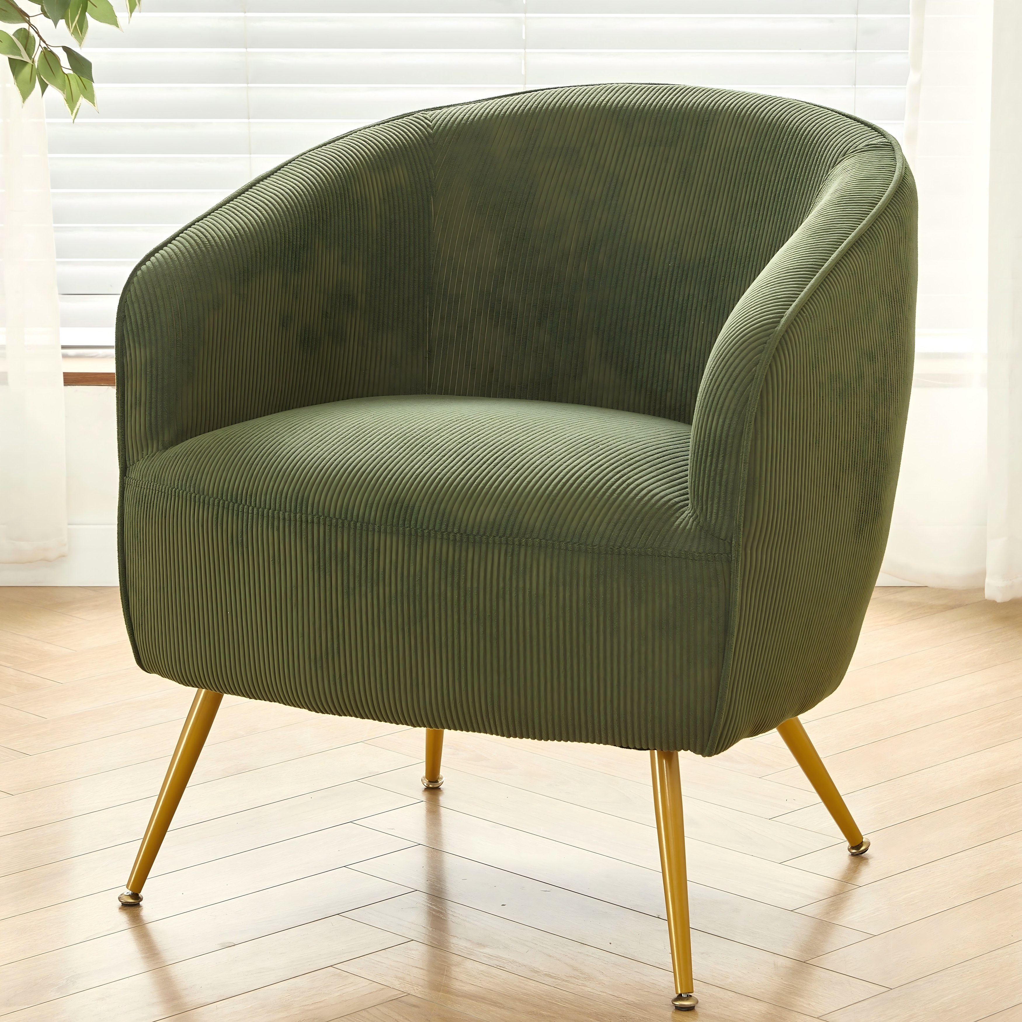 Fauteuil accent velours côtelé pieds métal doré, chaise tonneau