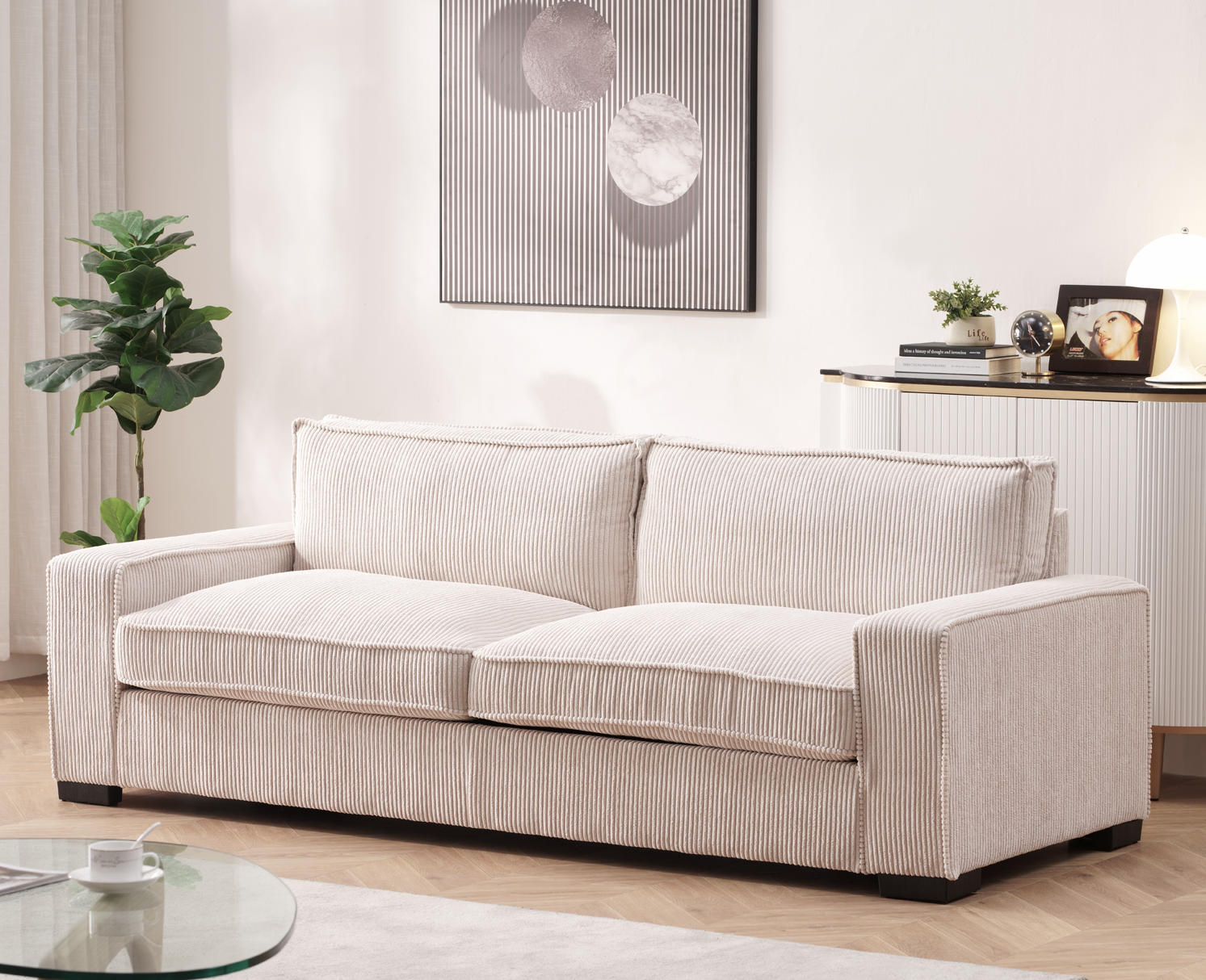 Canapé velours côtelé beige luxe 3 places, design épuré, confortable