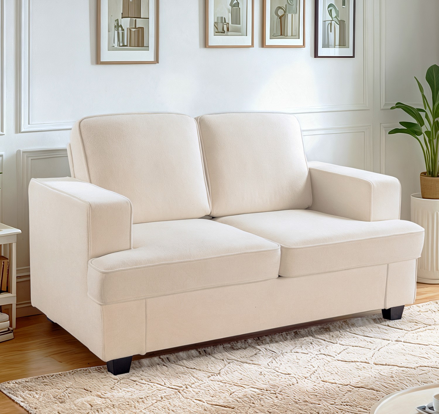 Causeuse velours moderne, 2 places, assise profonde, ivoire