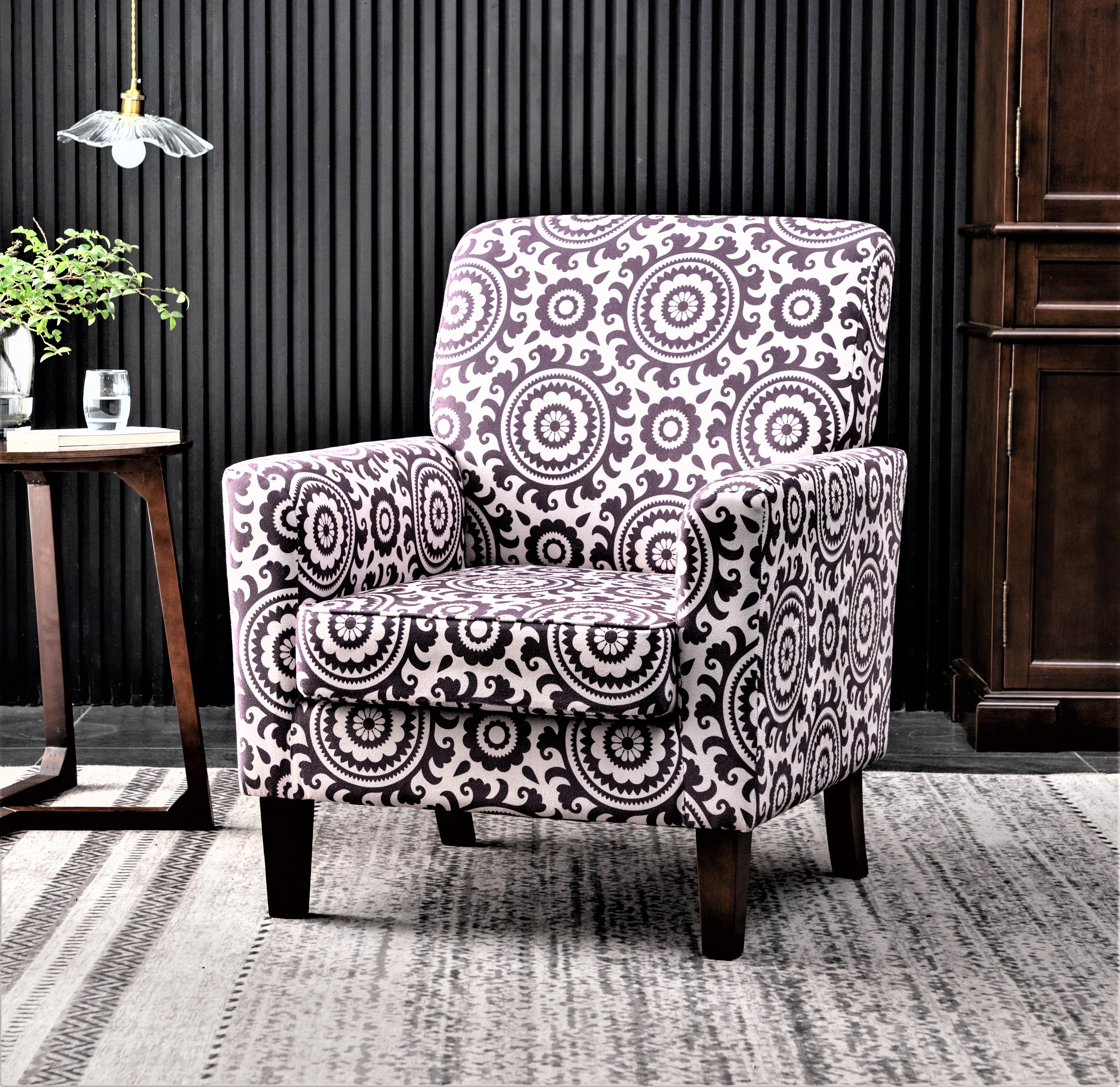 Fauteuil accent motif polyester, cadre bouleau, pieds bruns