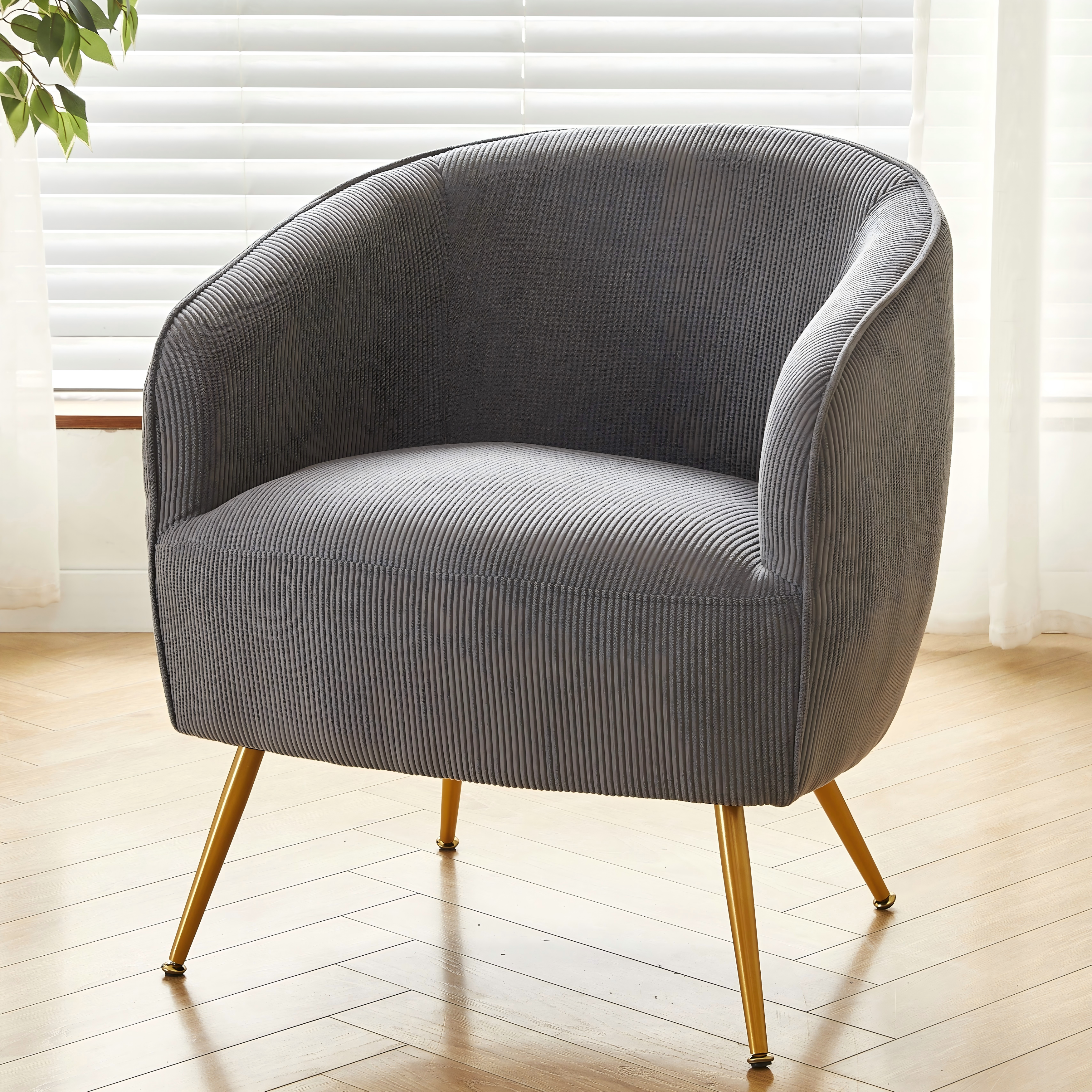 Fauteuil accent corduroy, pieds or, cabarrel moderne