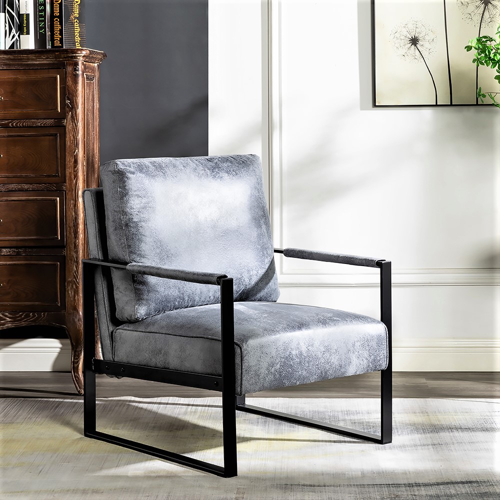 Fauteuil accent métal cadre gris microfibre tacheté milieu siècle