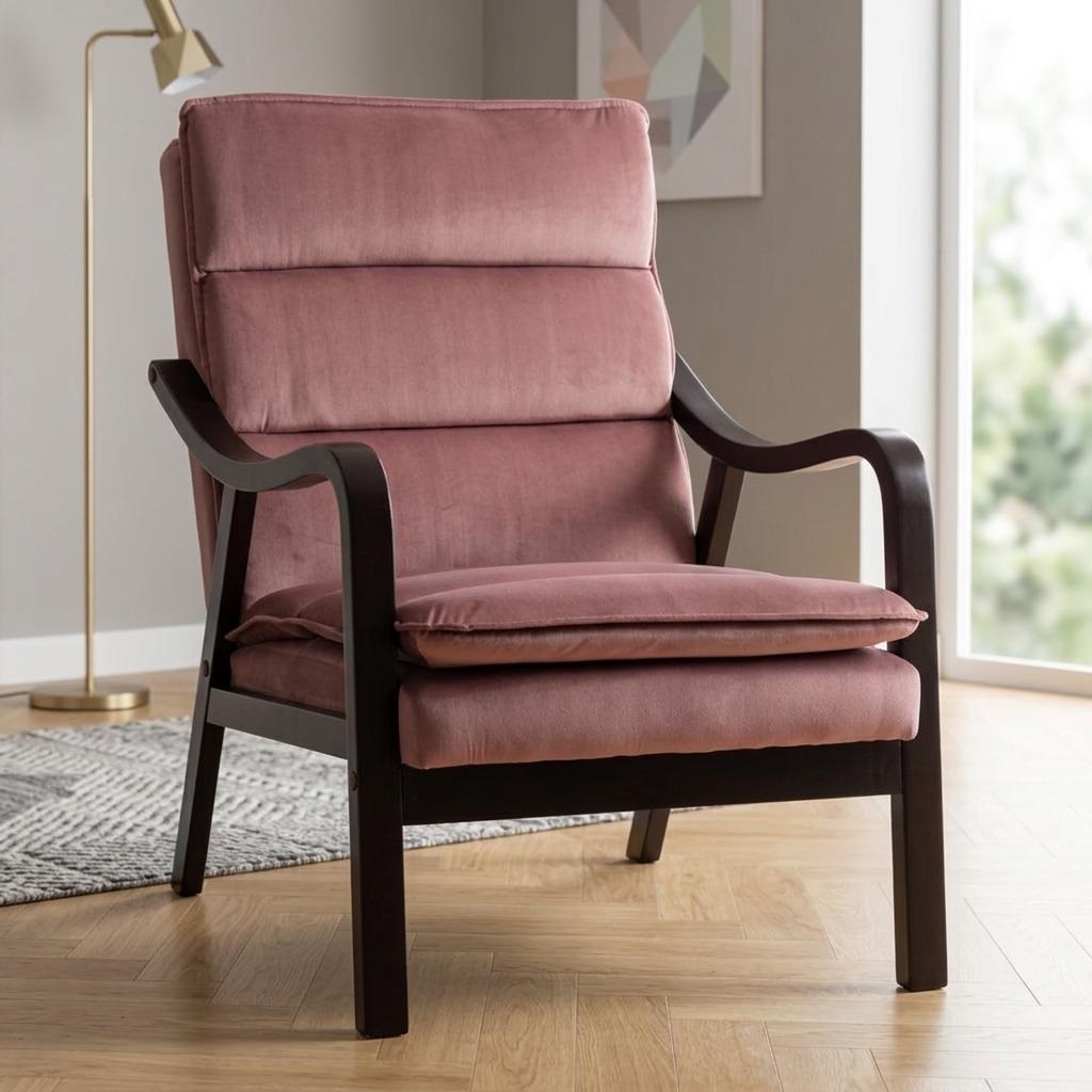 Fauteuil accent rose mi-siècle bois accoudoirs rembourré