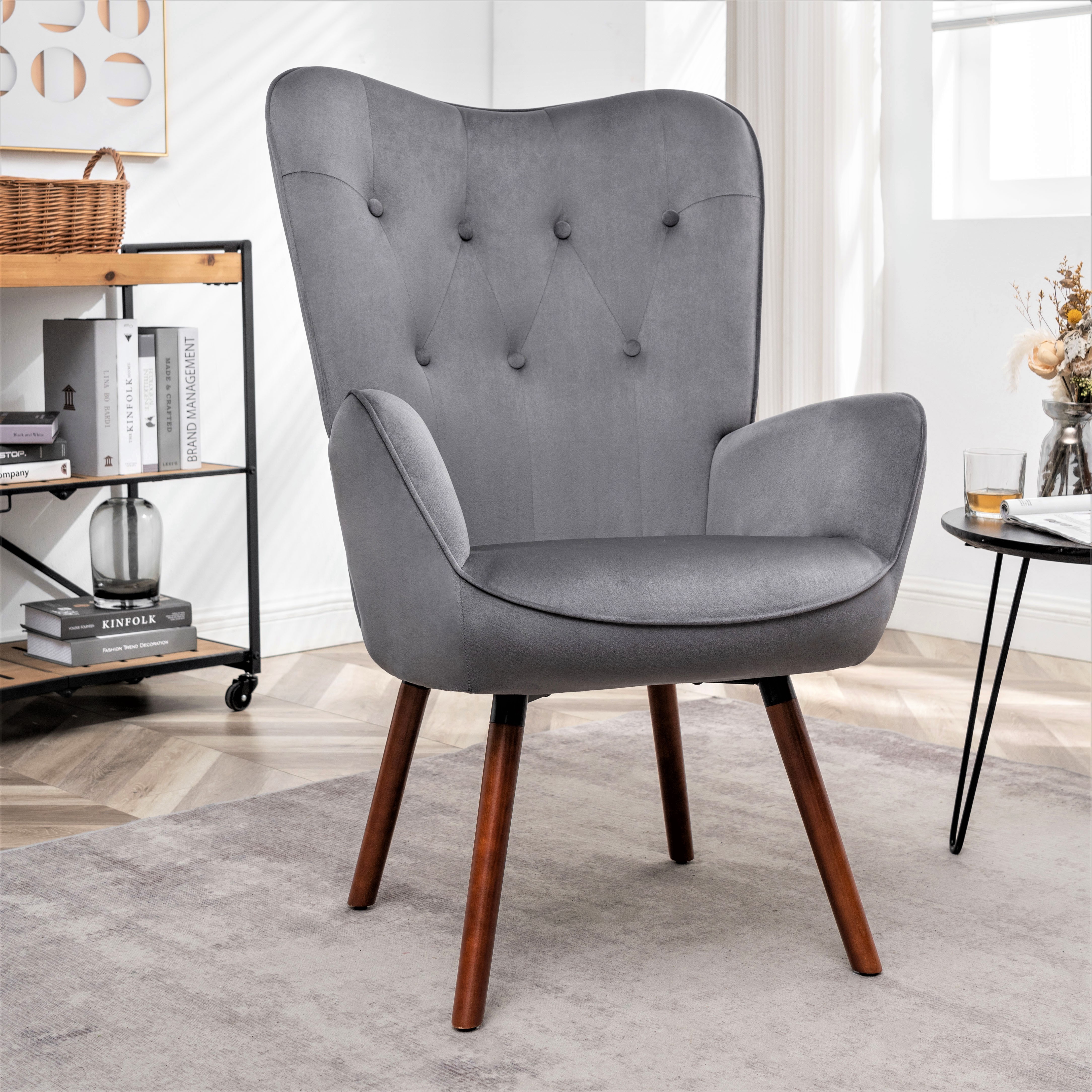 Fauteuil accent style mi-siècle, tissu polyester, pieds bois écartés