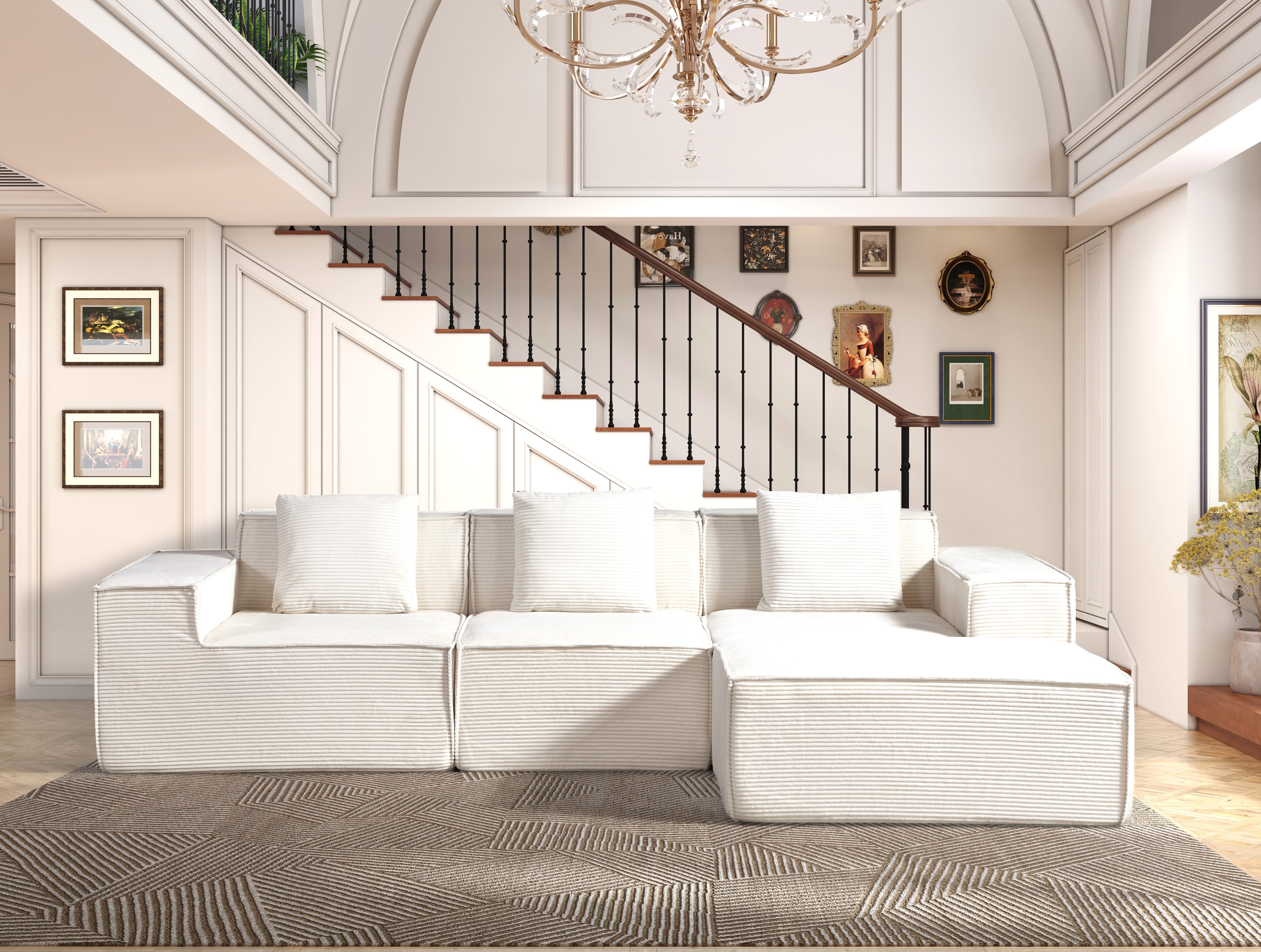 Sofa sectionnel convertible velours côtelé beige, ottoman