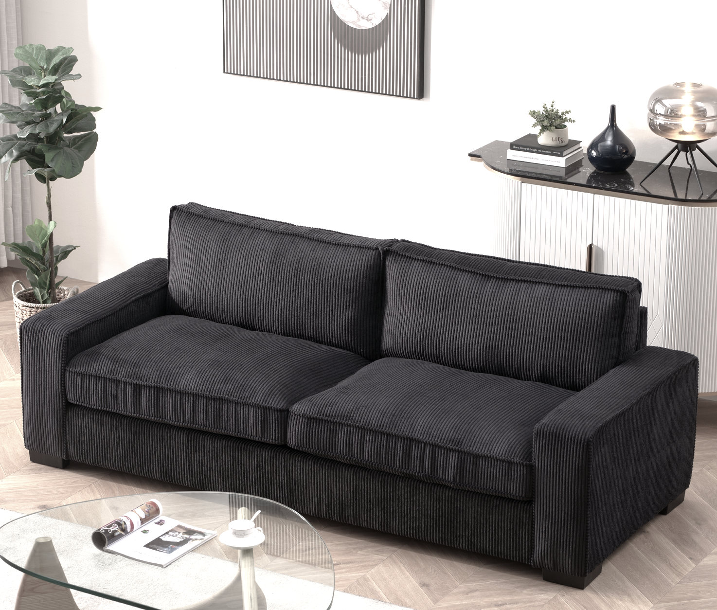 Canapé corduroy luxe 3 places noir, design moderne