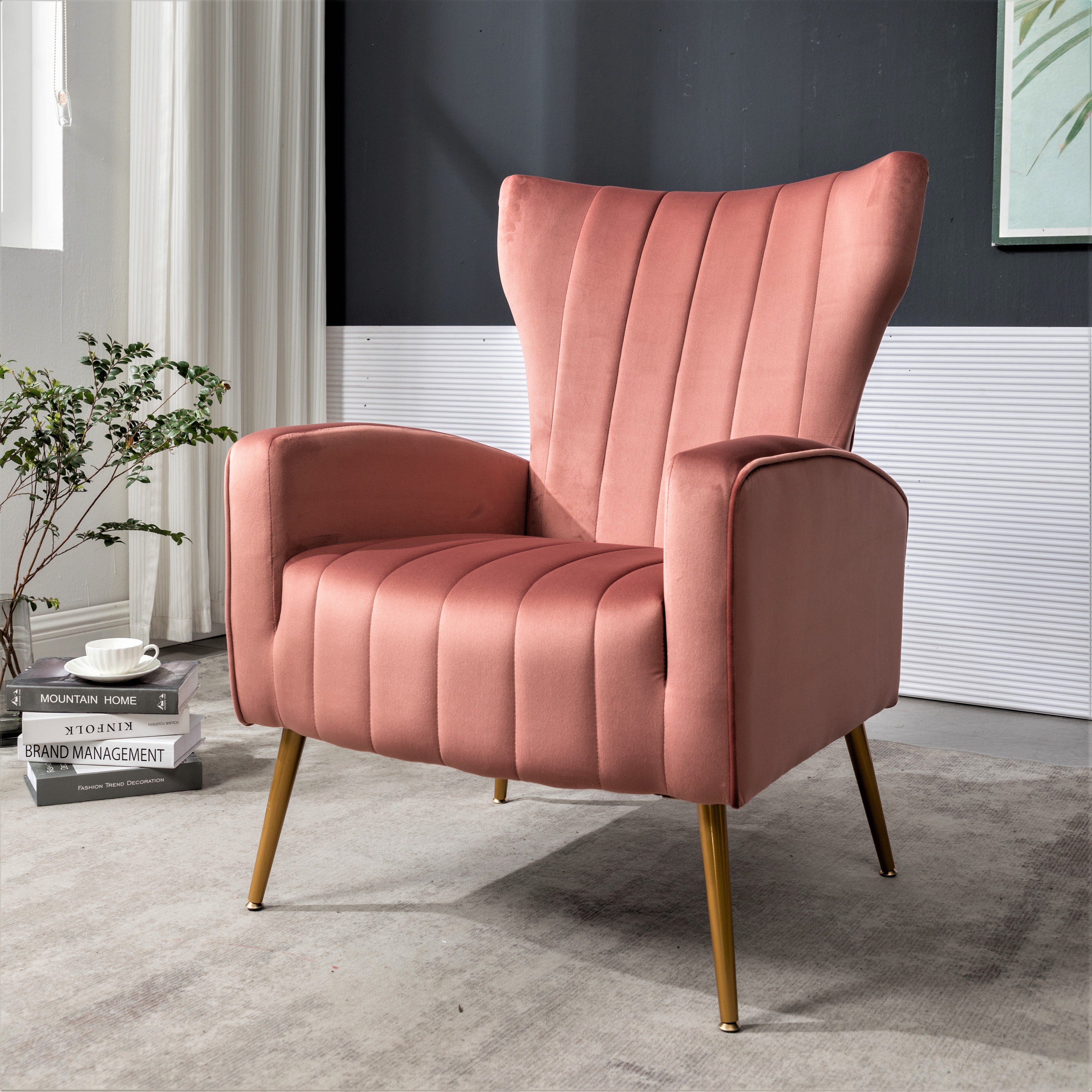 Fauteuil d'accent velours pieds métal, style wingback