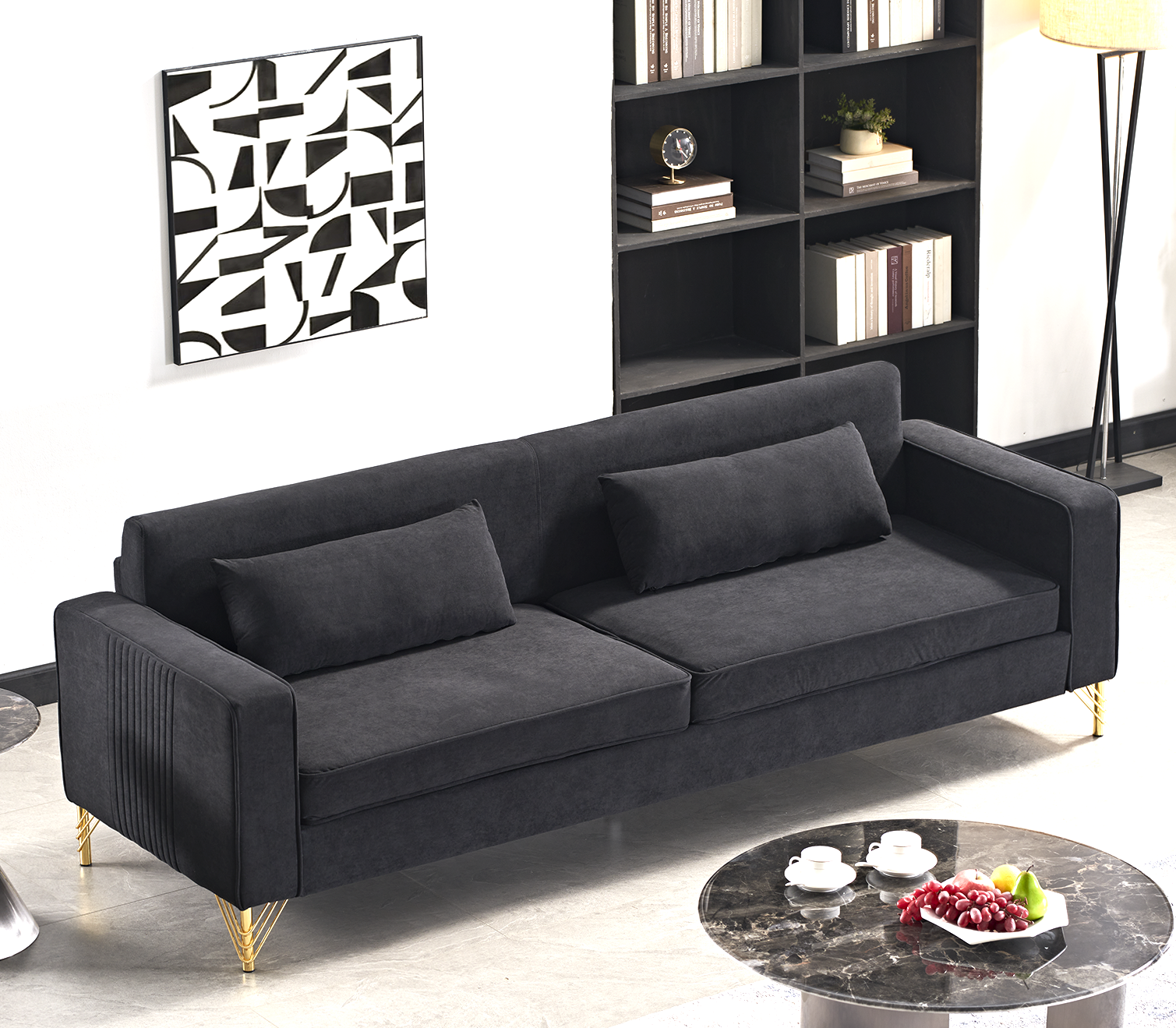 Sofa velours 3 places 85,8po, noir, facile entretien