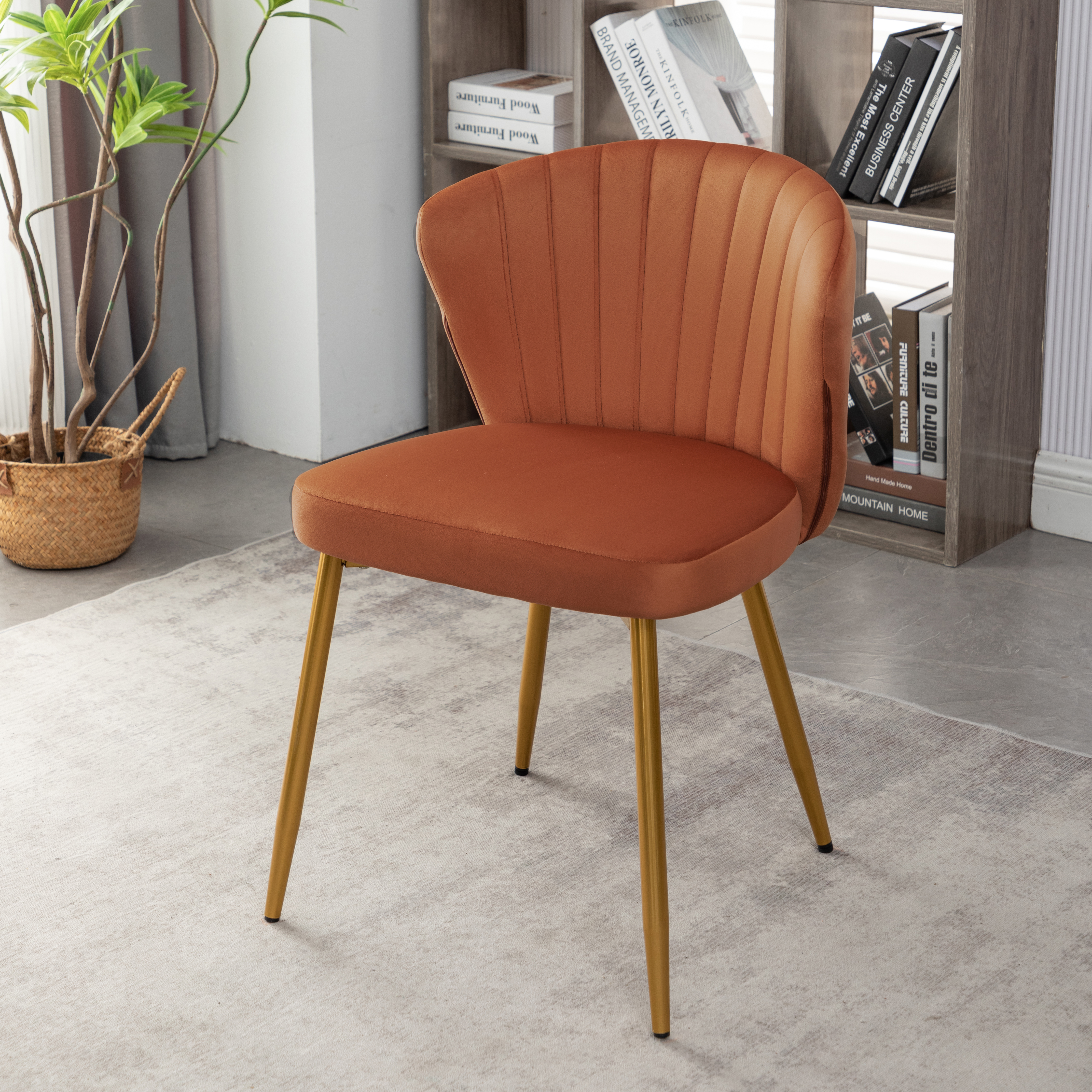 Chaise accent velours, pieds métal or, moderne