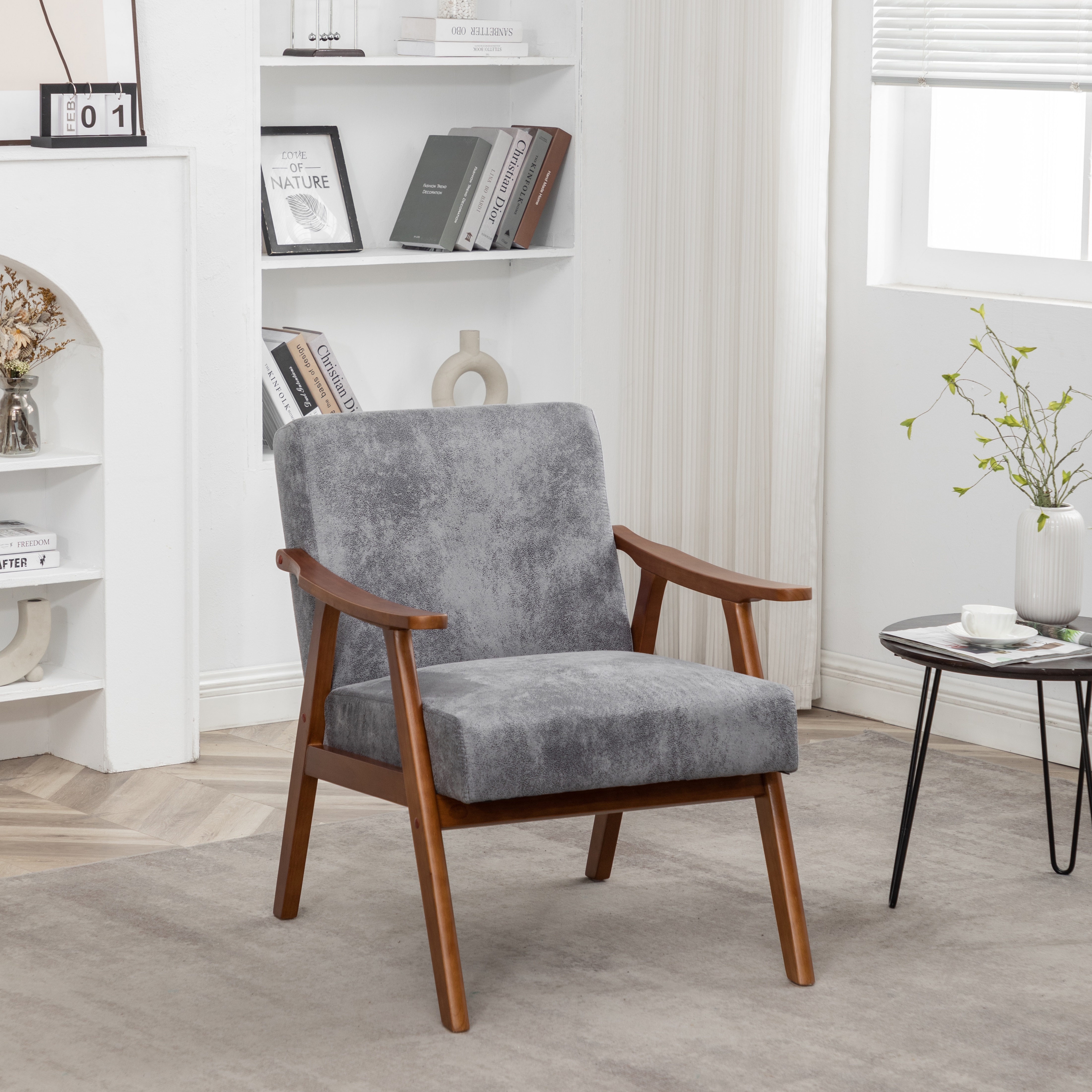 Fauteuil accent microfibre gris cadre bois style mi-siècle salon