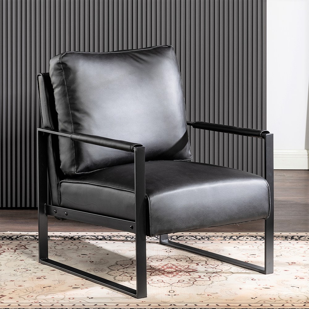 Fauteuil accent mid-century, cadre métal, microfibre noire