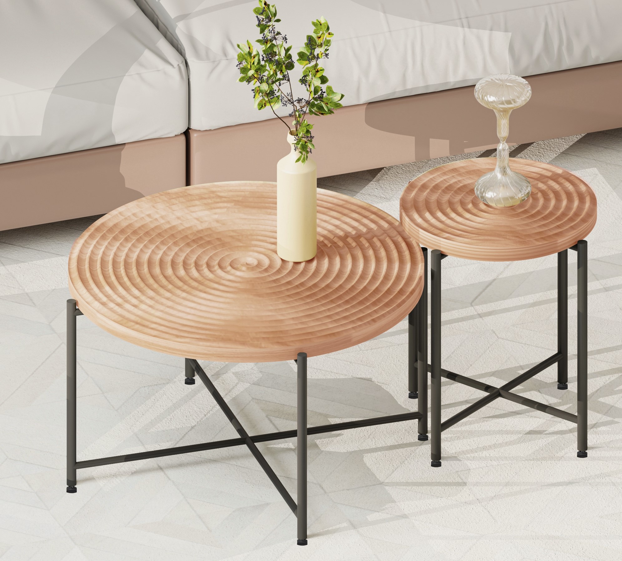 Ensemble table café + bout, design rustique cylindrique, rouge