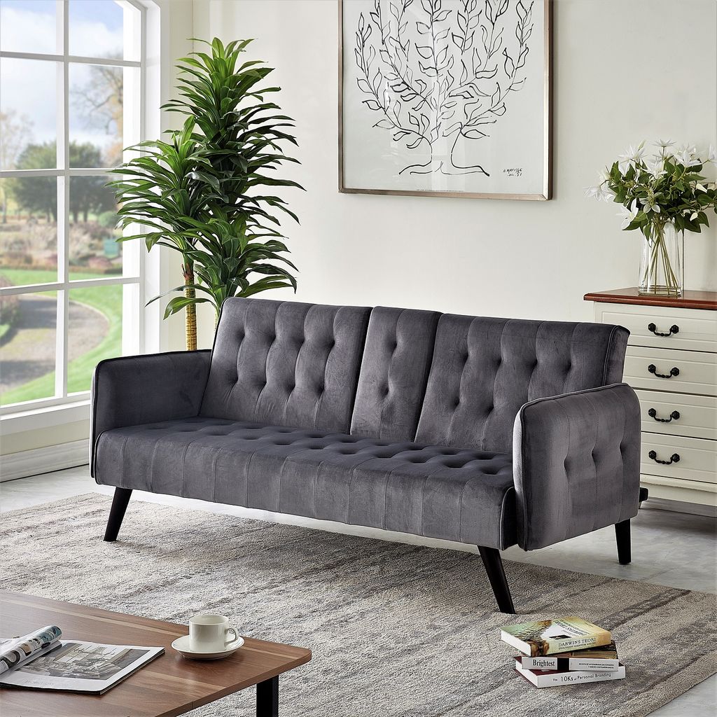 Causeuse convertible velours 72po, porte-gobelets, futon tufté, gris foncé