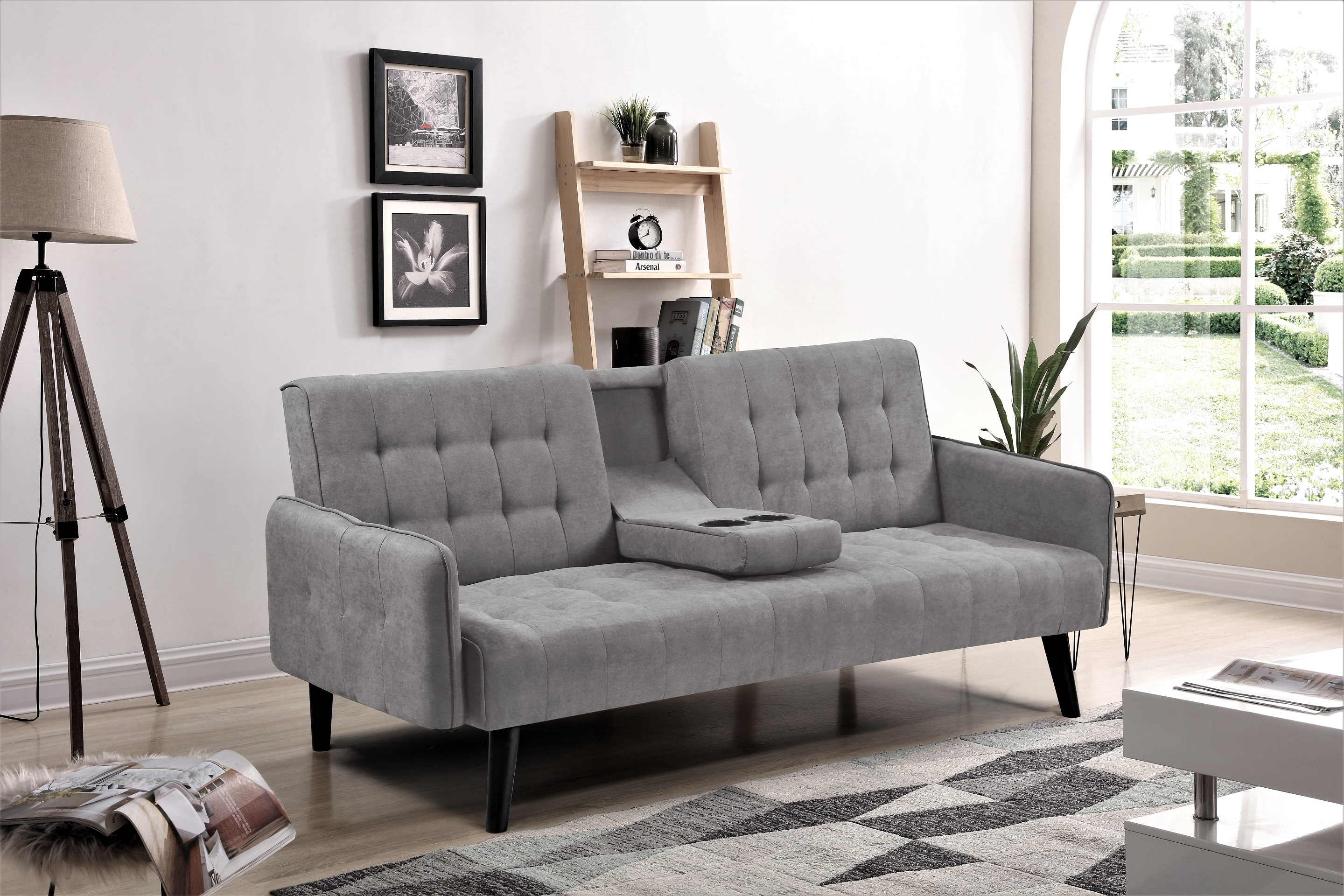 Causeuse convertible 72" gris - Dossier pliant, porte-gobelet, table