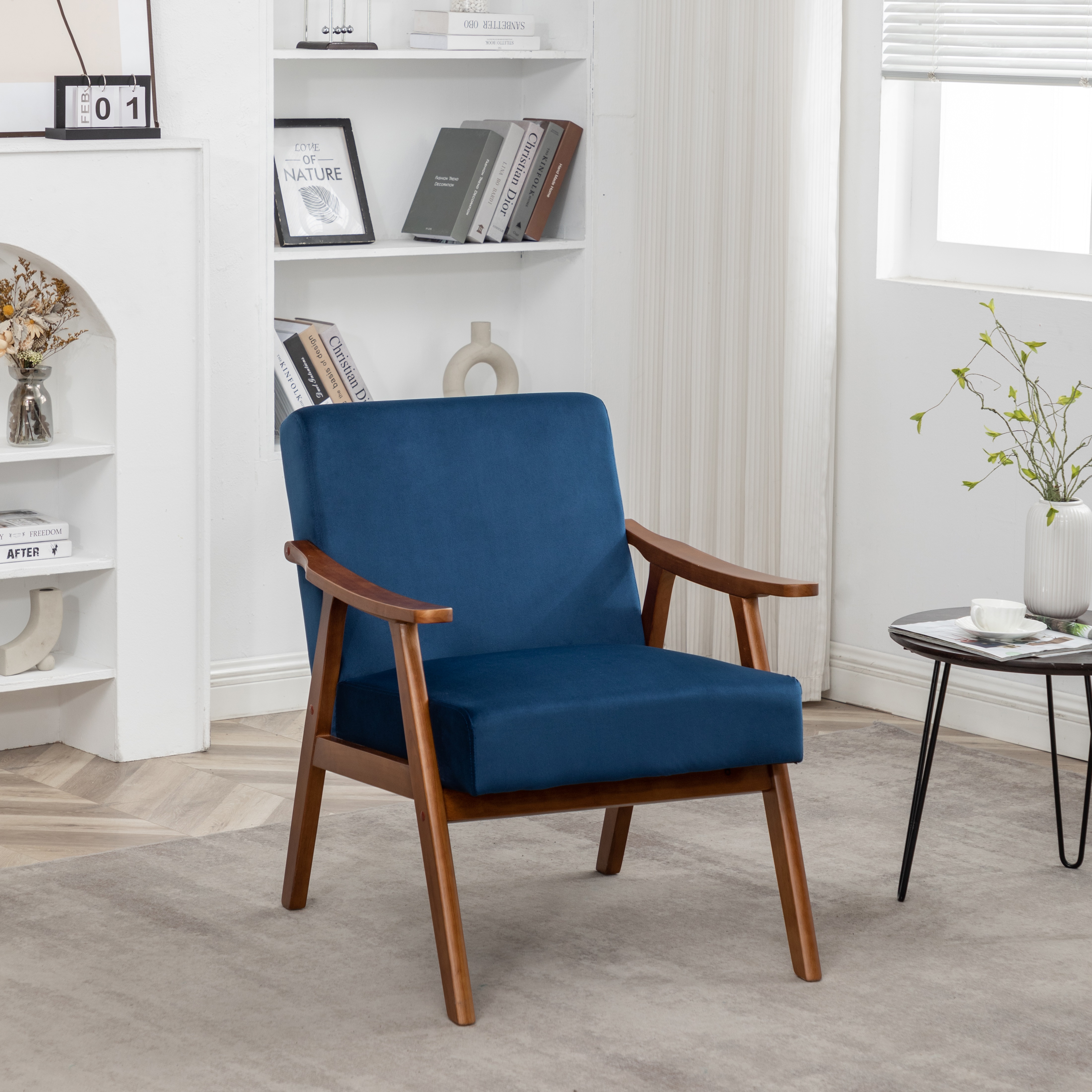Fauteuil accent velours bleu foncé cadre bois style mi-siècle salon chambre