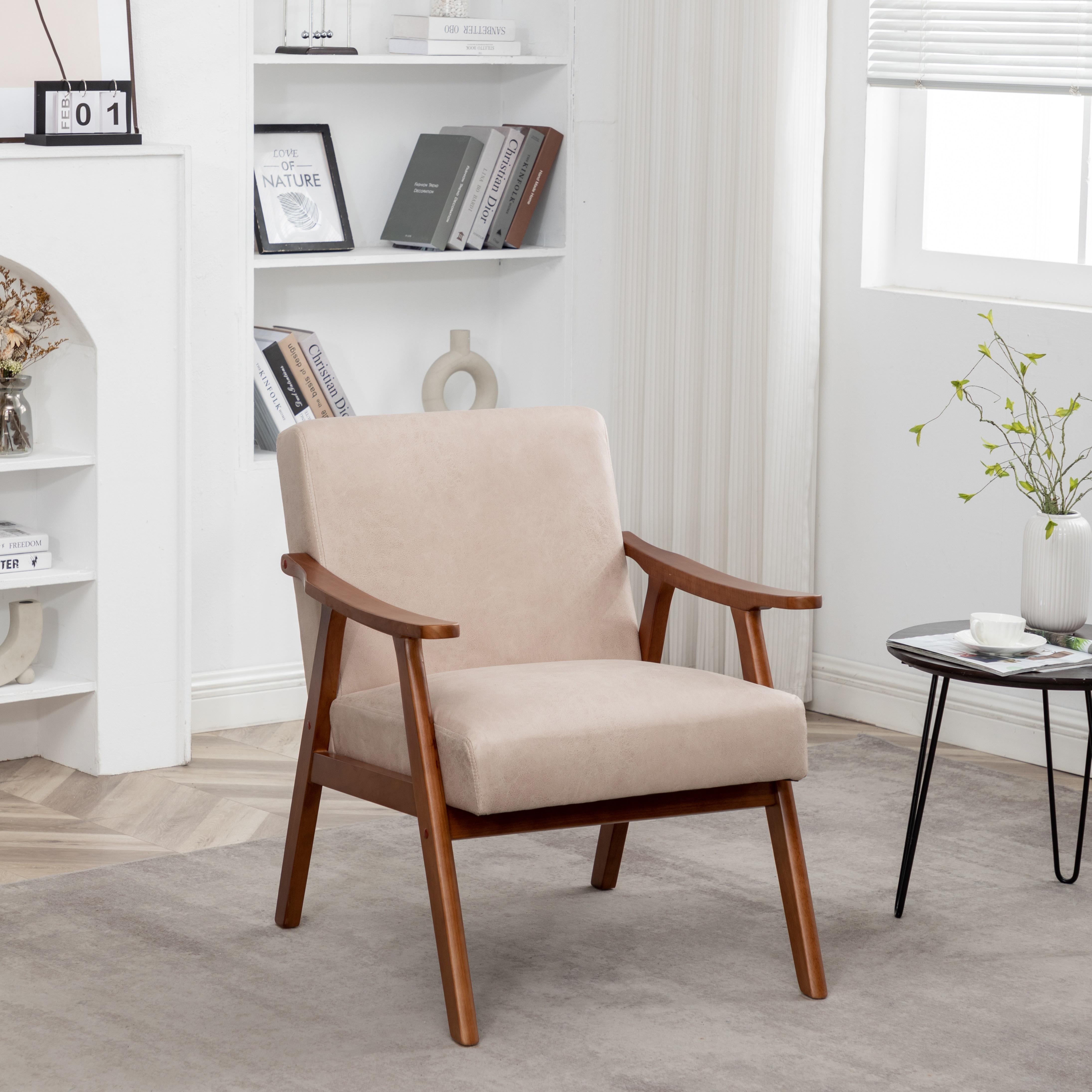 Fauteuil accent microfibre, cadre bois, design mi-siècle, chamois