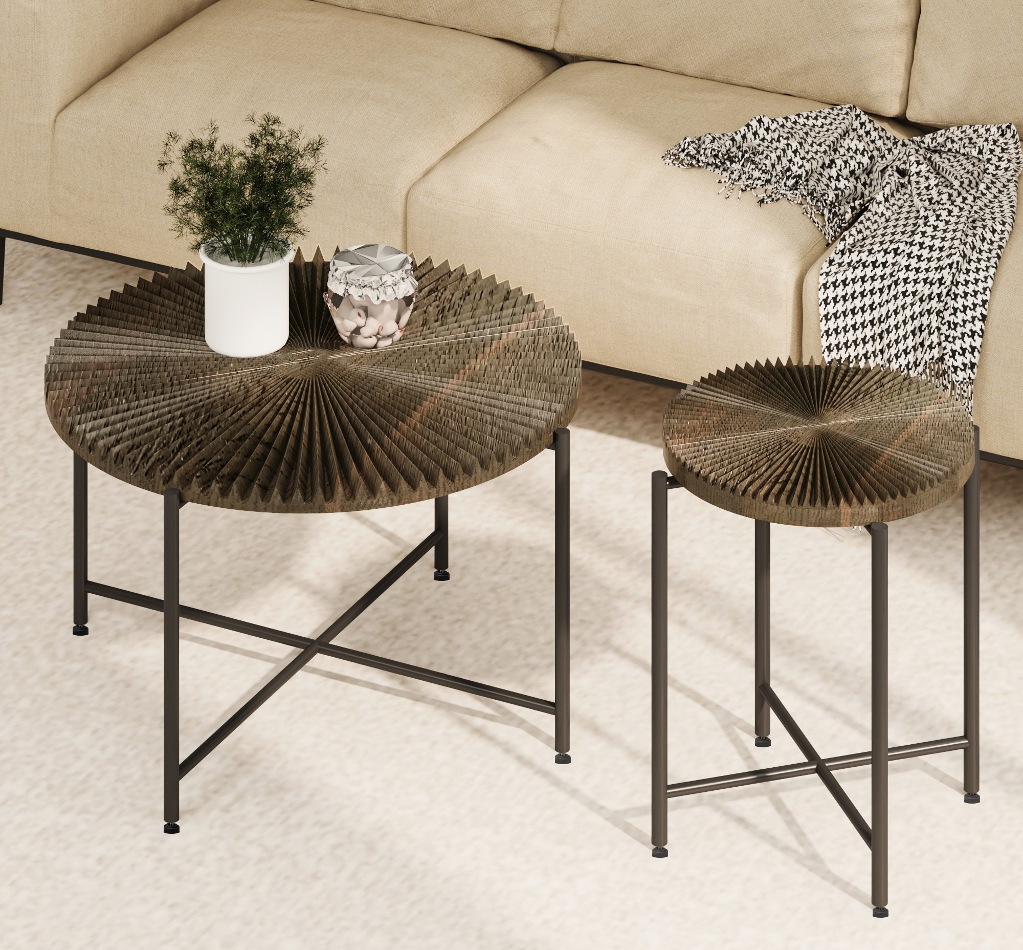 Ensemble table café/bout 2 pcs, motif radial, noyer foncé