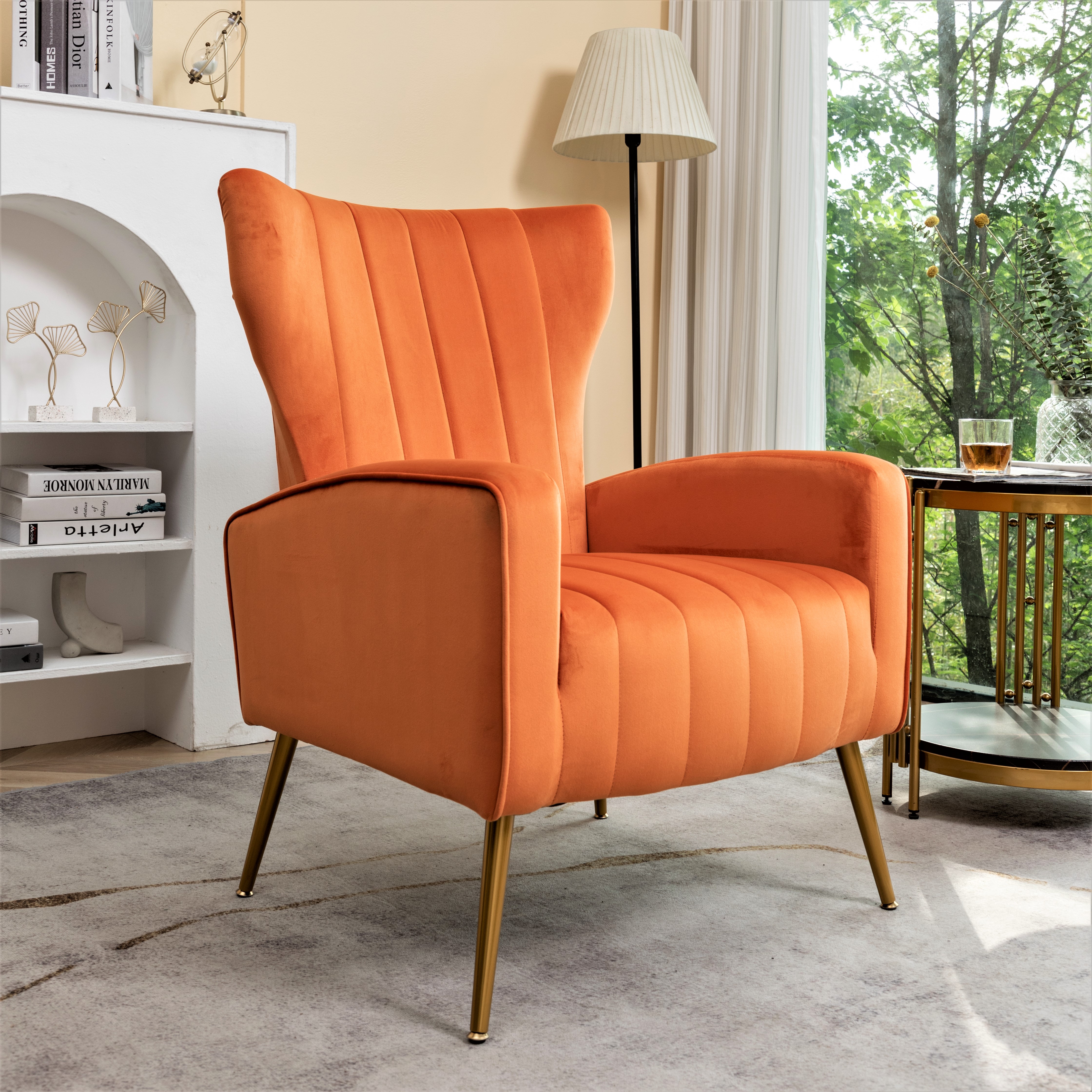 Fauteuil d'accent velours pieds métal, style wingback