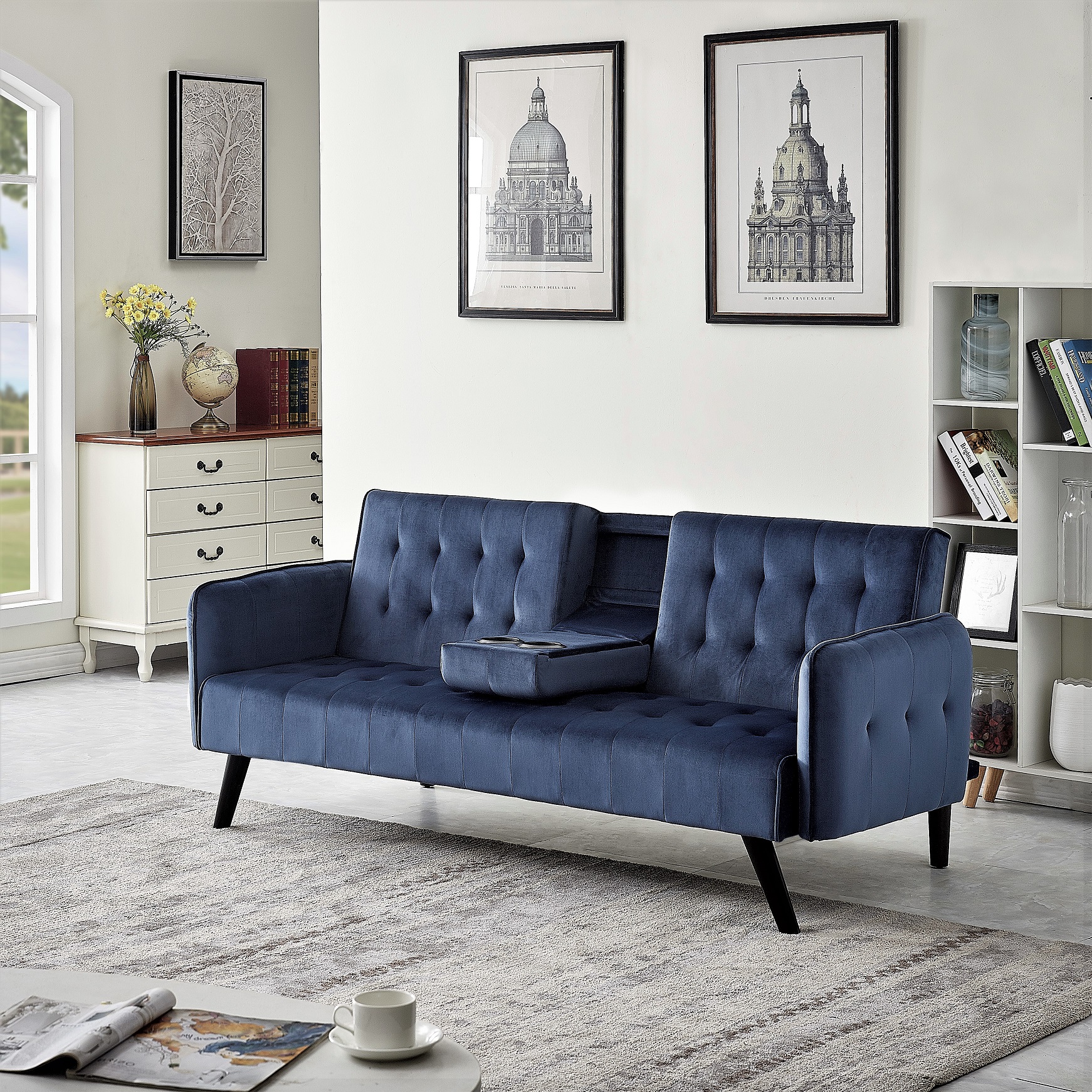 Canapé convertible velours bleu 72po, porte-gobelets, futon