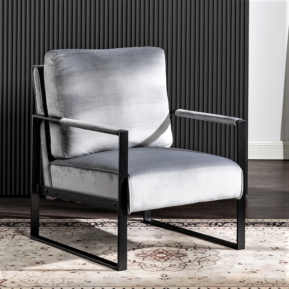 Chaise accent mid-century moderne velours cadre métal gris