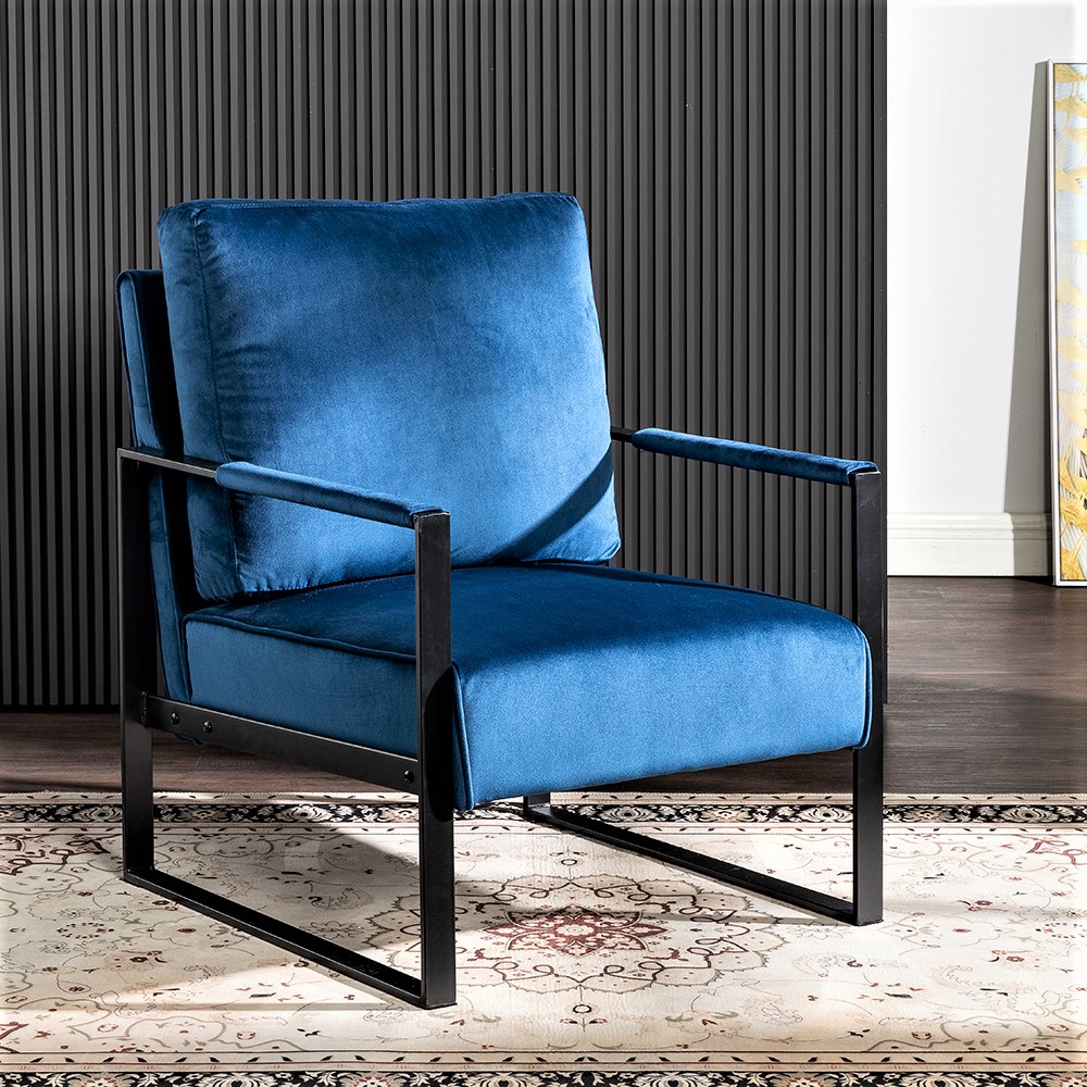 Fauteuil mid-century cadre métal velours bleu