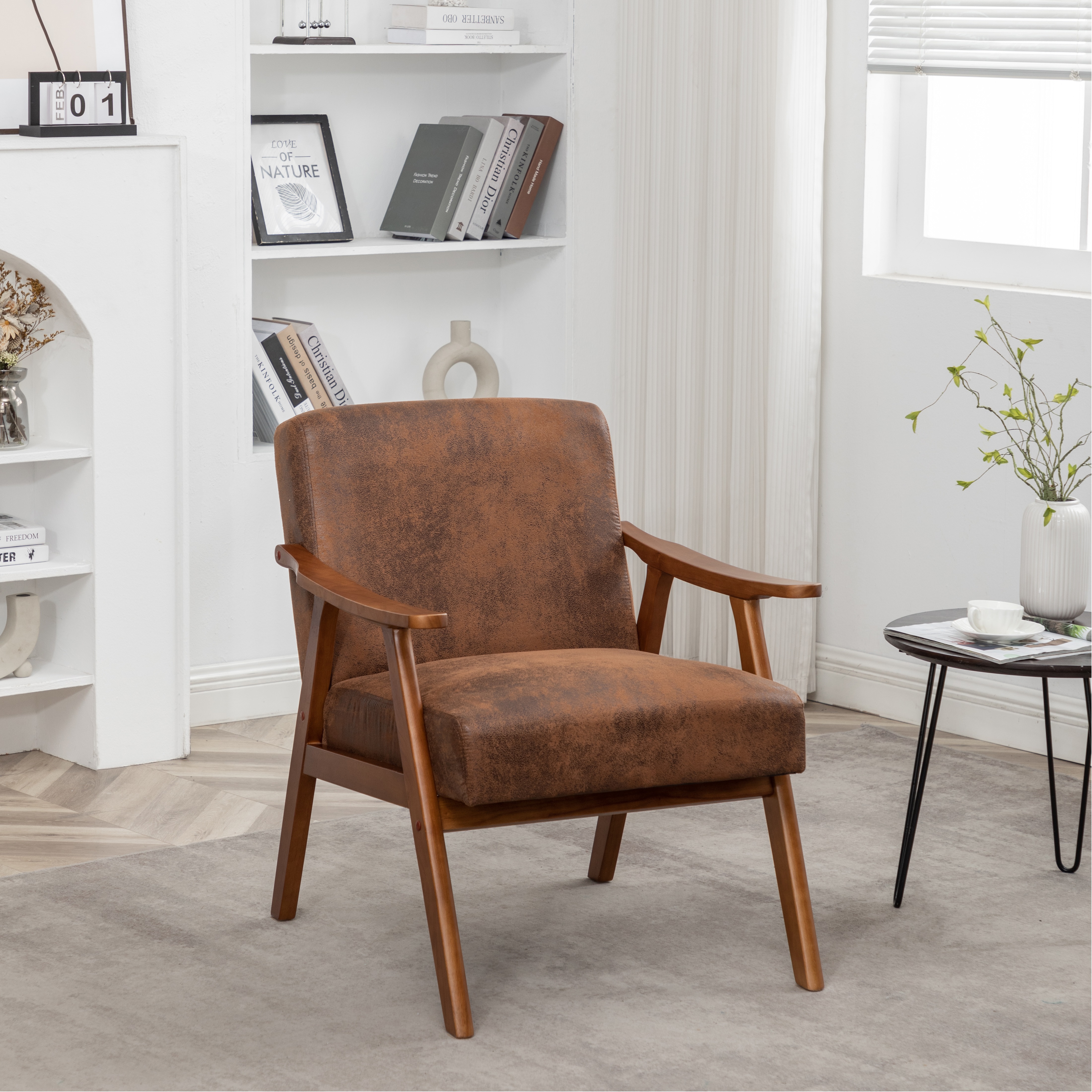 Fauteuil accent microfibre, cadre bois, design mi-siècle, brun