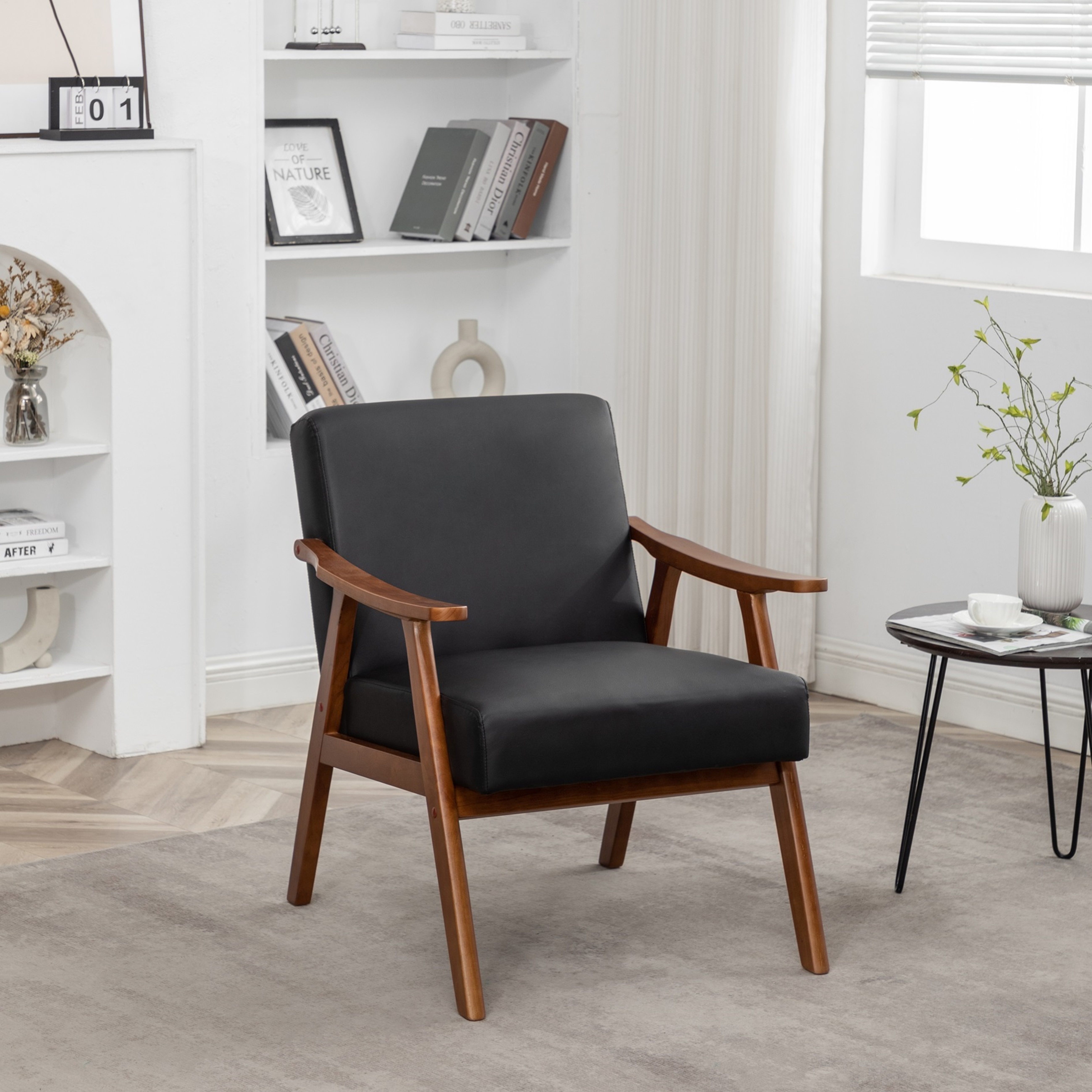 Fauteuil accent microfibre cadre bois noir mid-century