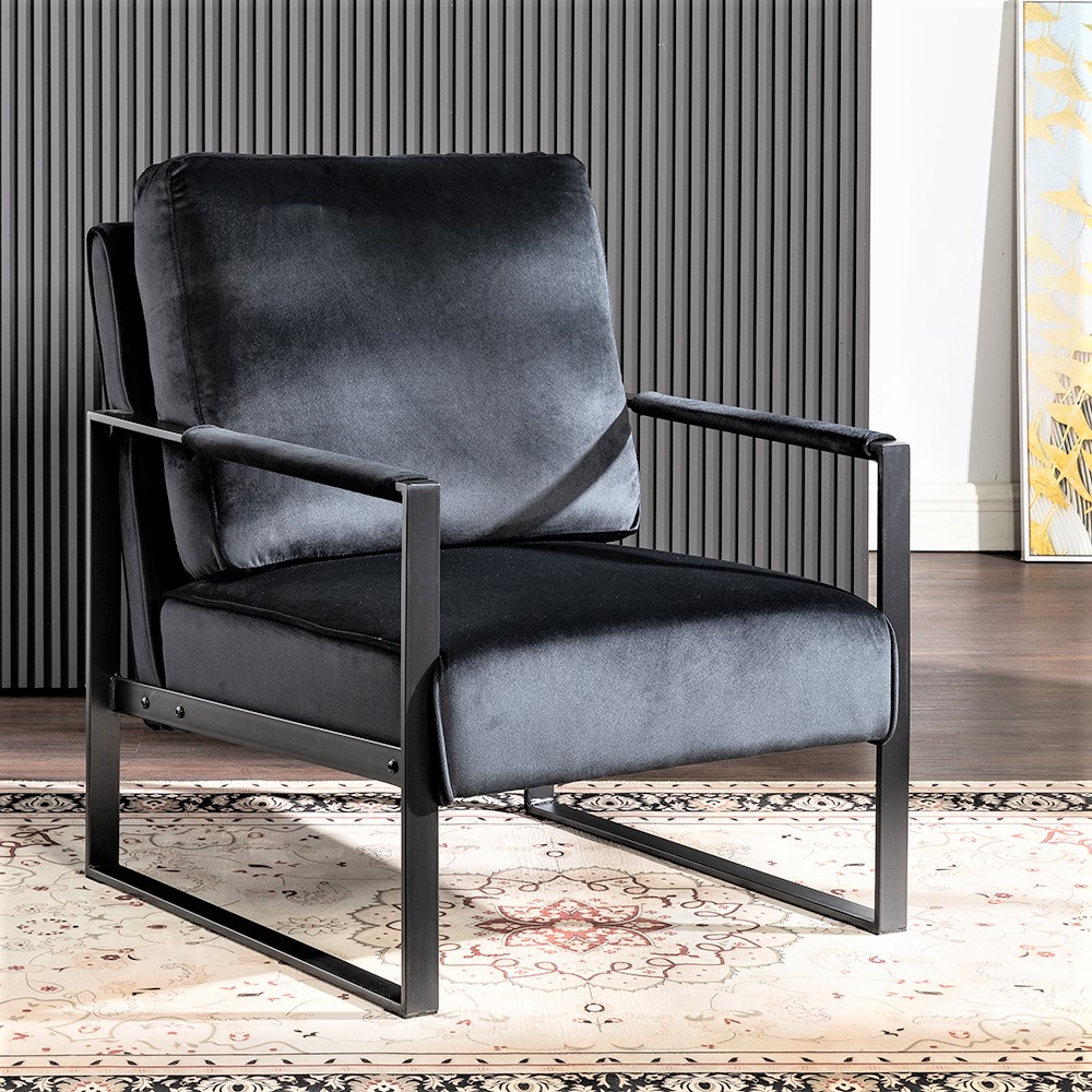 Fauteuil accent métal cadre noir velours plush milieu siècle