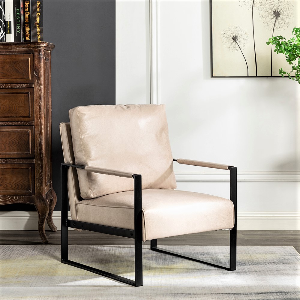 Fauteuil mid-century cadre métal camel microfibre