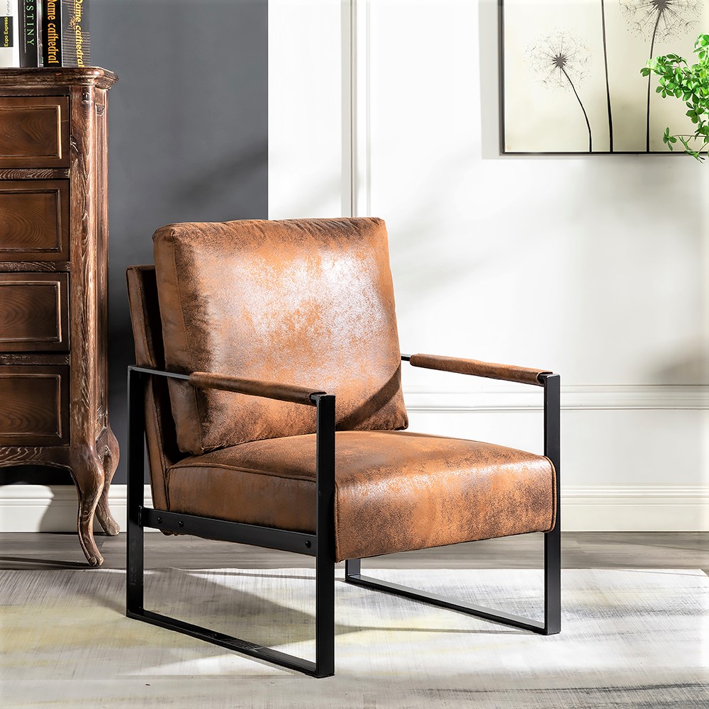 Fauteuil mid-century cadre métal, microfibre pointée brun