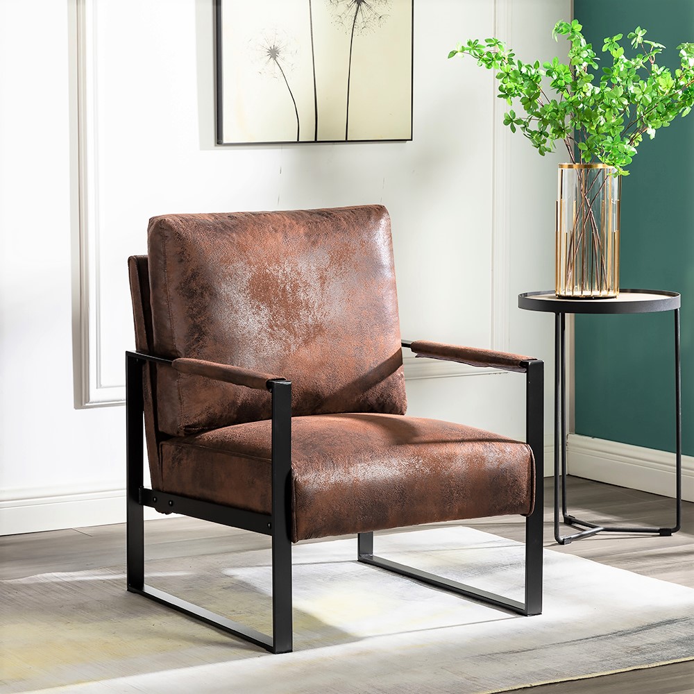 Fauteuil accent mid-century, cadre métal, microfibre brun