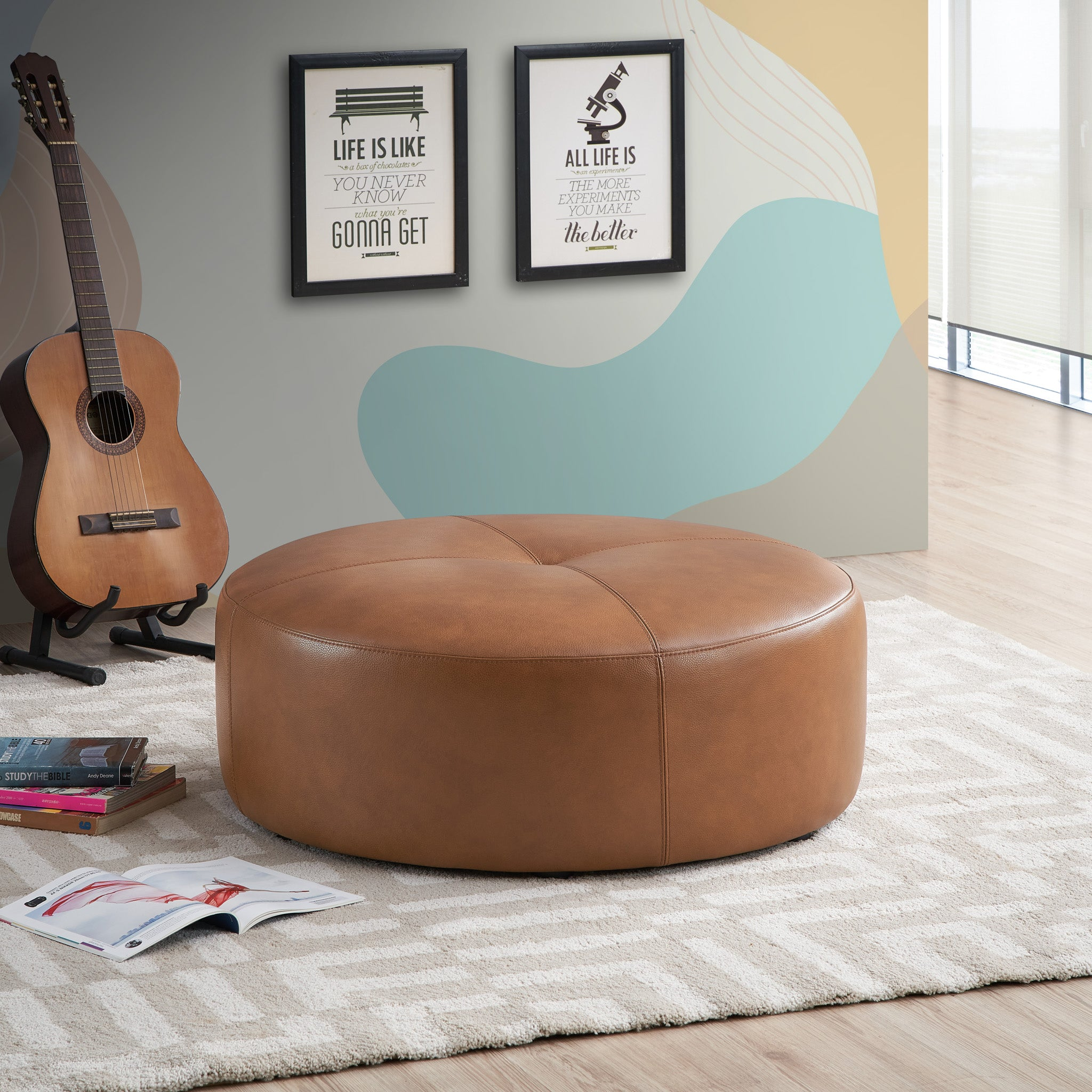 Ottoman cuir Rochelin tan 36 po, repose-pied rembourré