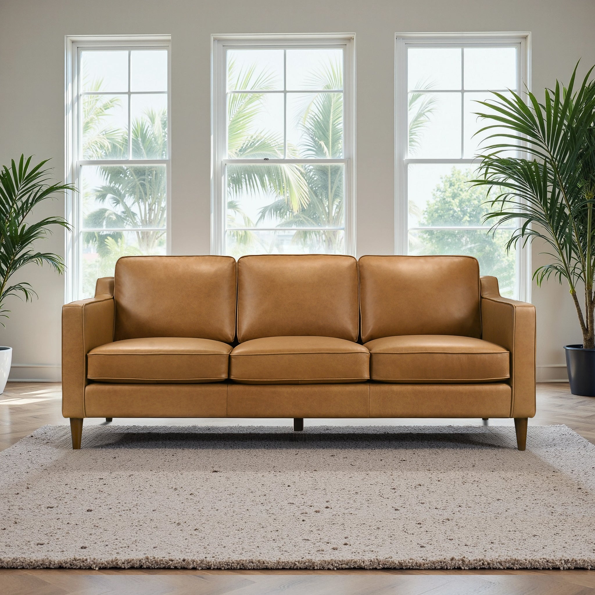 Canapé Cooper tan cuir mi-siècle moderne