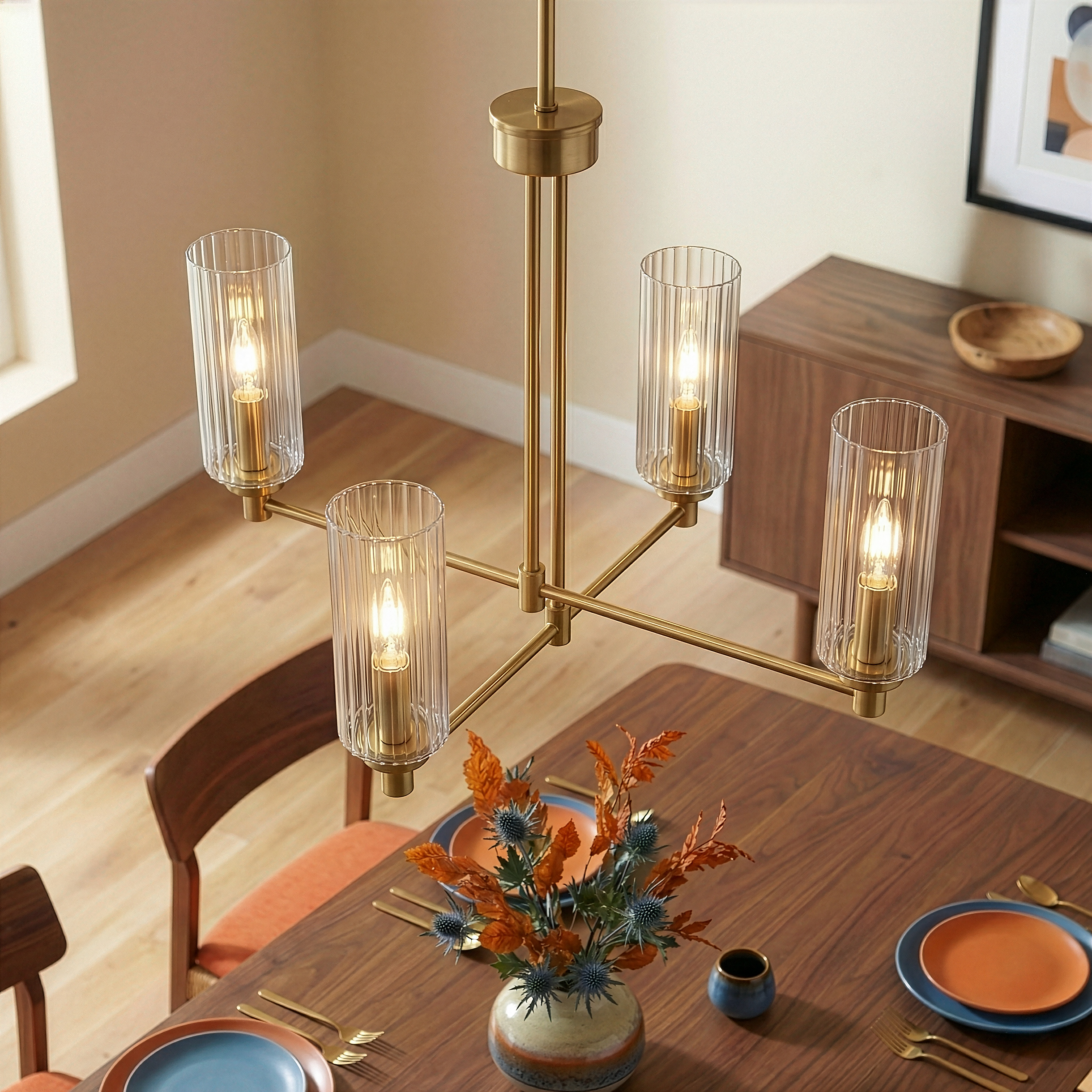 Lustre Enigma 4 lumières verre strié laiton satiné