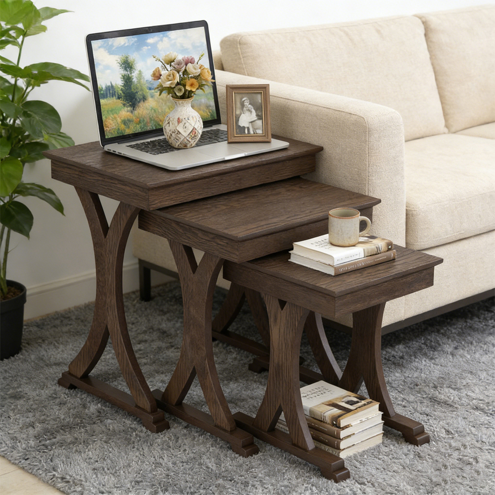 Ensemble 3 tables gigognes bois caoutchouc solide