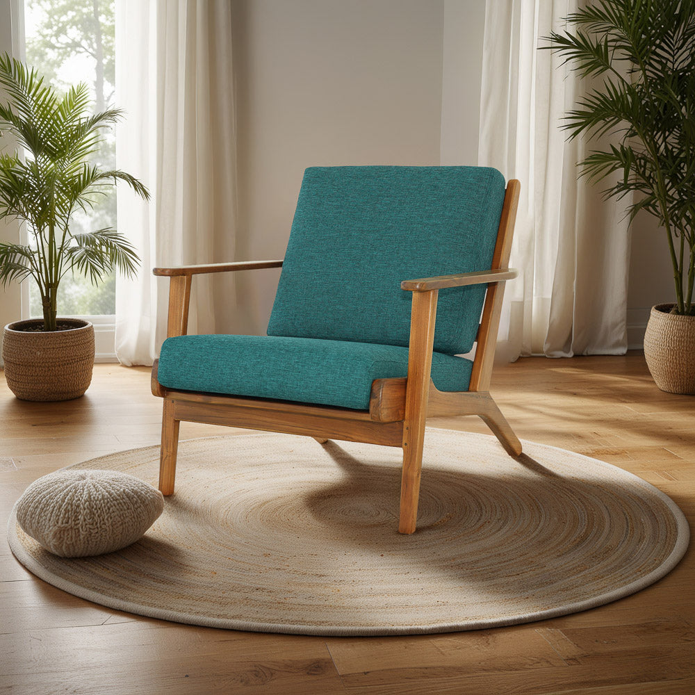Fauteuil lounge Connor bois massif lin bleu sarcelle